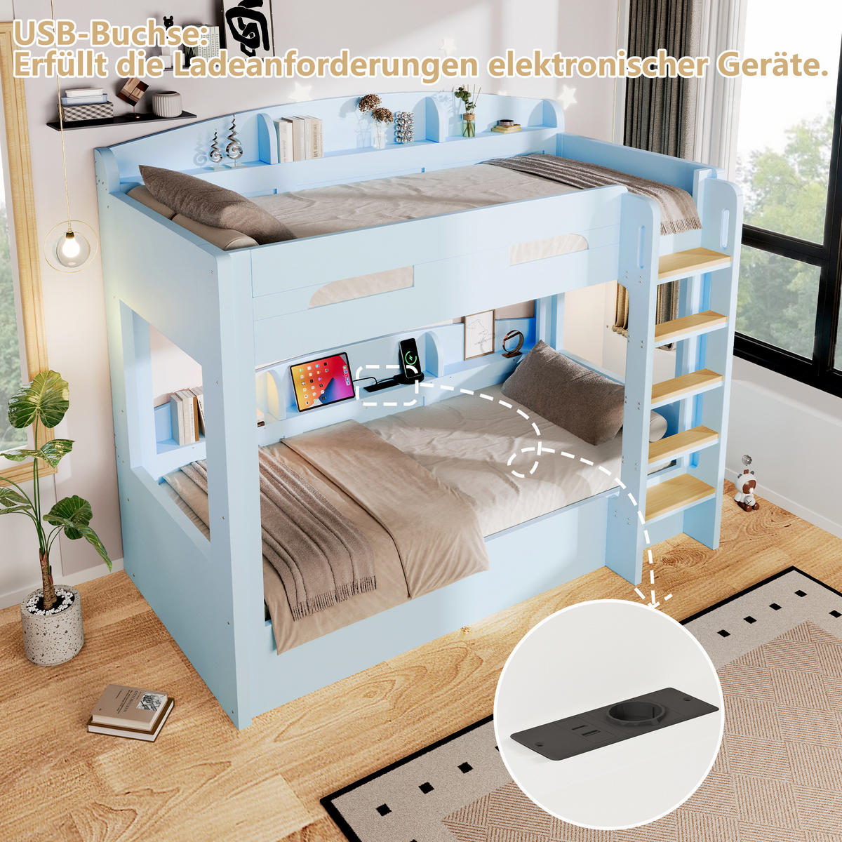 HOCHBETT 90/200 cm in Hellblau mit USB-Steckdose und Ablagefächern aus Holz und MDF - Hellblau, Holzwerkstoff (90/200cm) - STILVORA