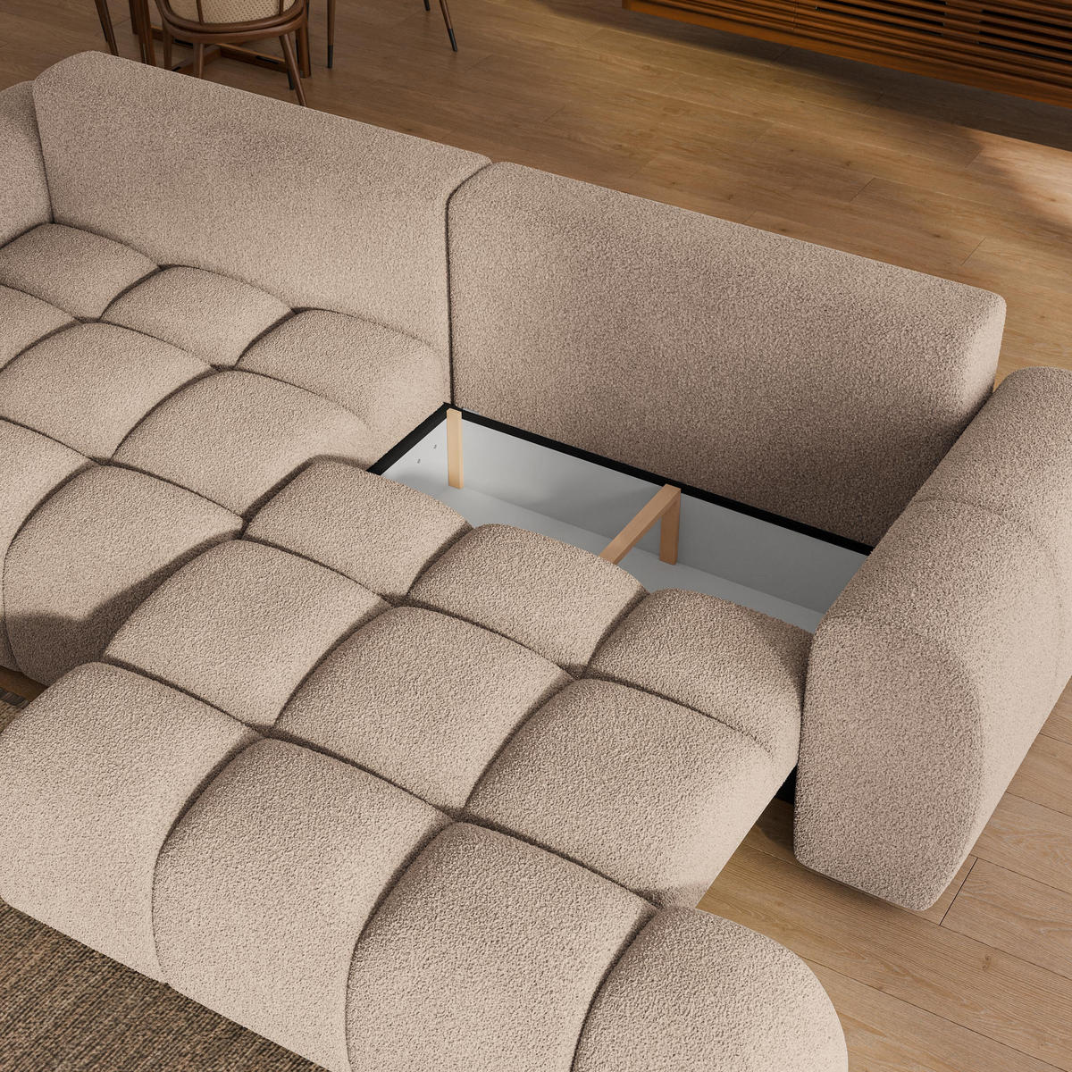 BETTSOFA DAFNE Beige Bucle-Stoff mit Schlaffunktion - Beige, Textil (300/88/113cm) - MASSENO