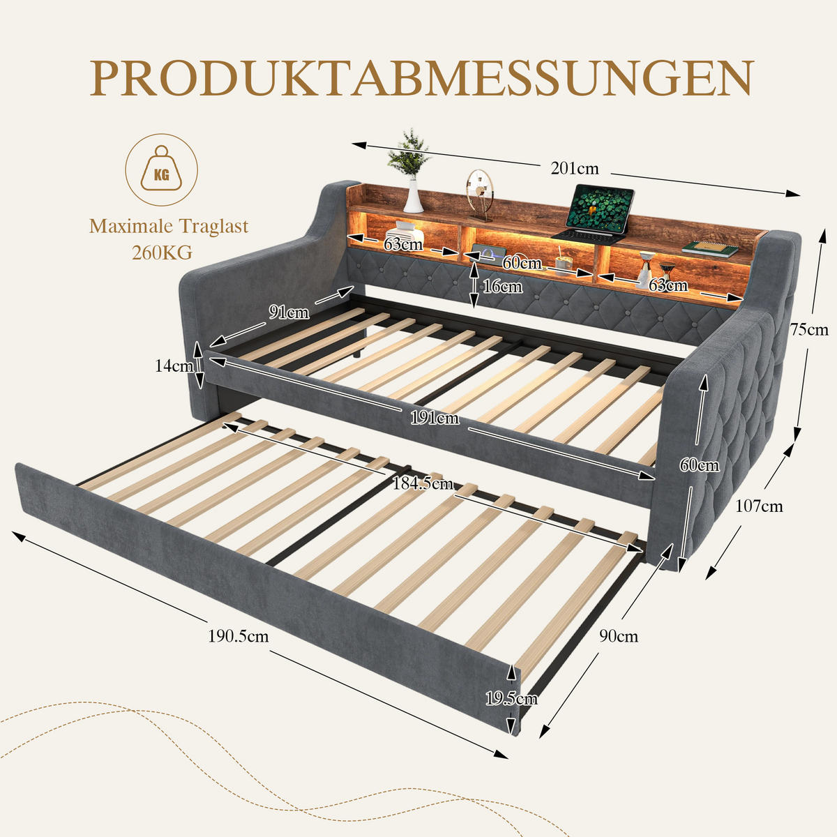 POLSTERBETT aus Samt 90x190 cm in Dunkelgrau mit LED & USB-C-Anschluss - Dunkelgrau, Textil (90/190cm) - Modfu