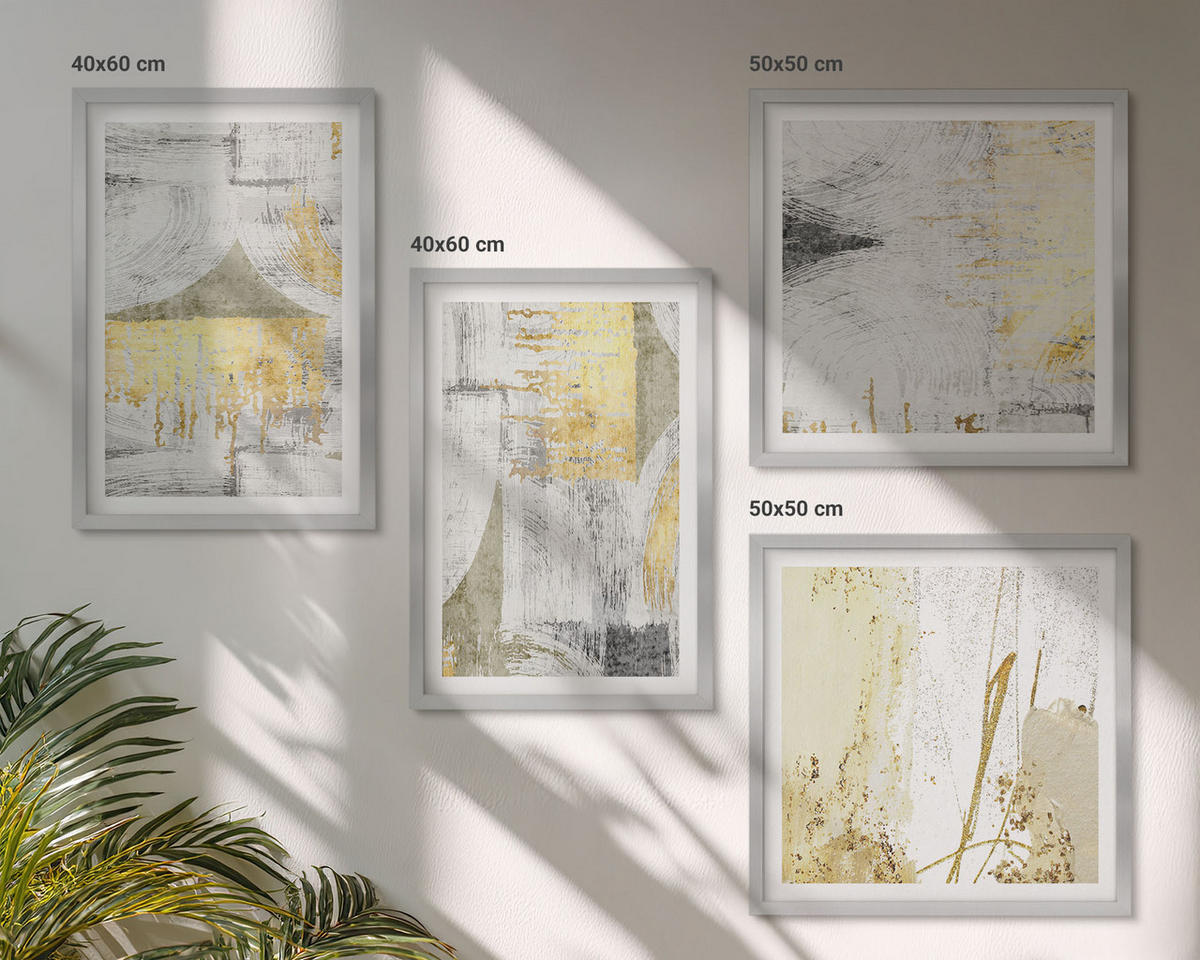 BILDER SET 4er Set - 50x50 cm & 40x60 cm Silberner Rahmen - Abstrakte minimalistische Muster - Silberfarben, Kunststoff (50/50cm) - TULUP
