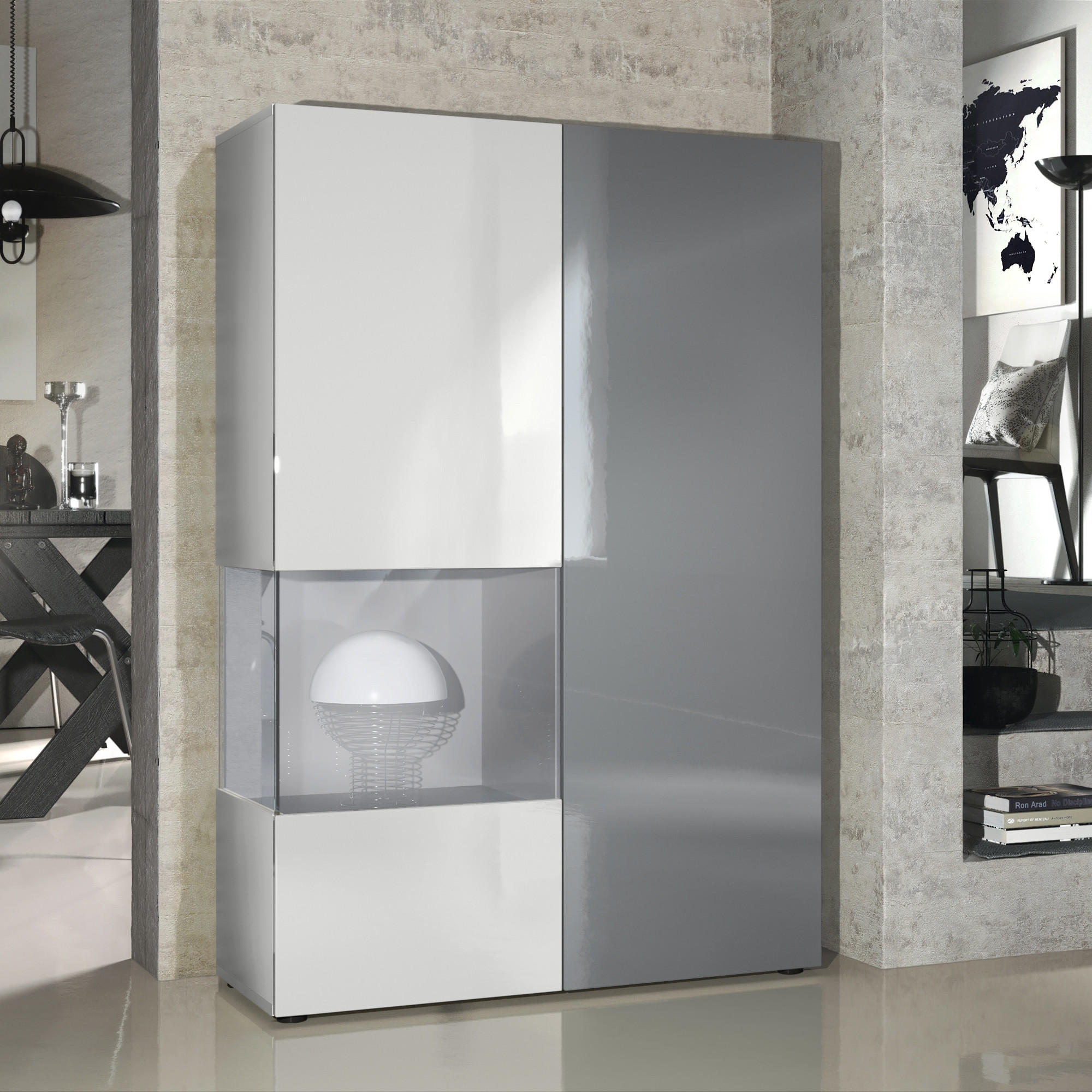 VITRINE Morena Tür und Einsatz in Grau Hochglanz - Grau, Holzwerkstoff (91.5/136.5/37cm) - Vladon