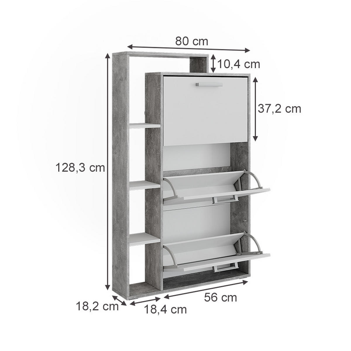 SCHUHKIPPER Orlando Weiß/Beton 80 x 128.3 cm mit 3 Klappfächern - Weiß/Grau, Holzwerkstoff (80/128.3/18.2cm) - Vicco