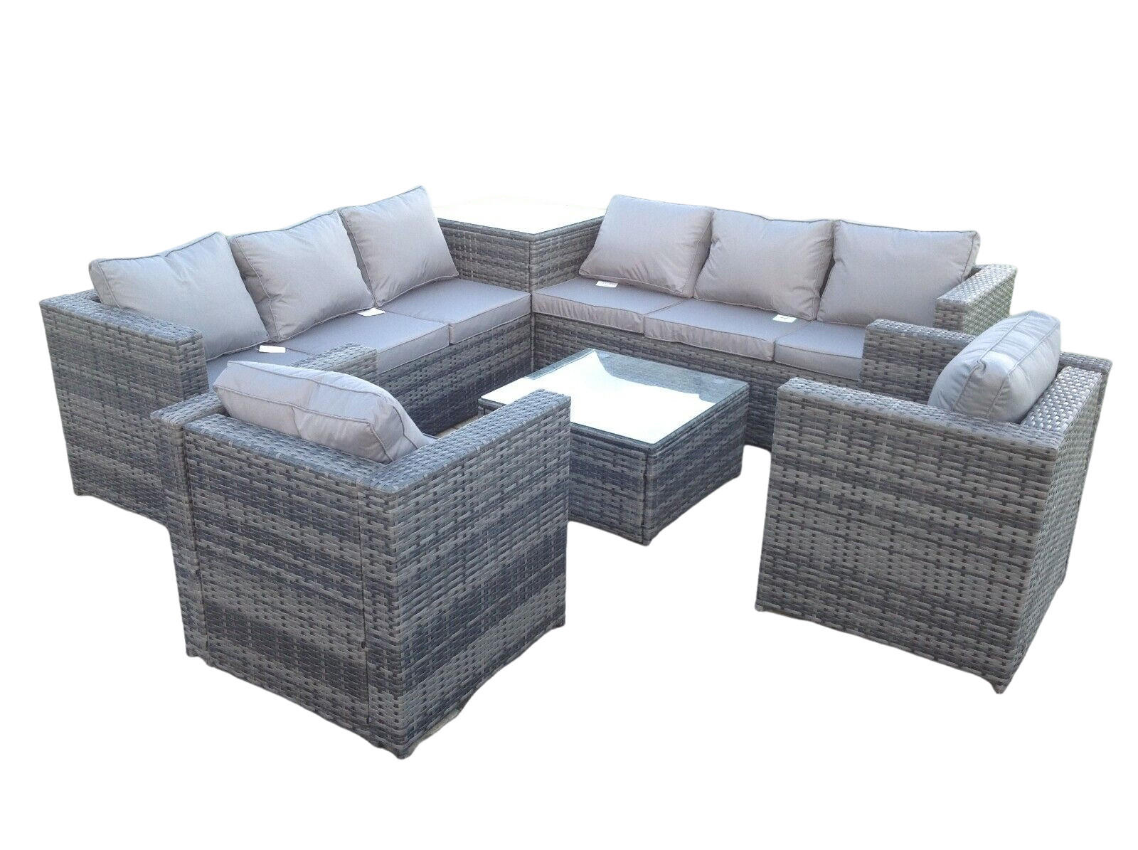 GARTENMÖBELSET mit Couchtisch Polyrattan 8-Sitzer - Dunkelgrau/Grau, Glas/Kunststoff - Fimous