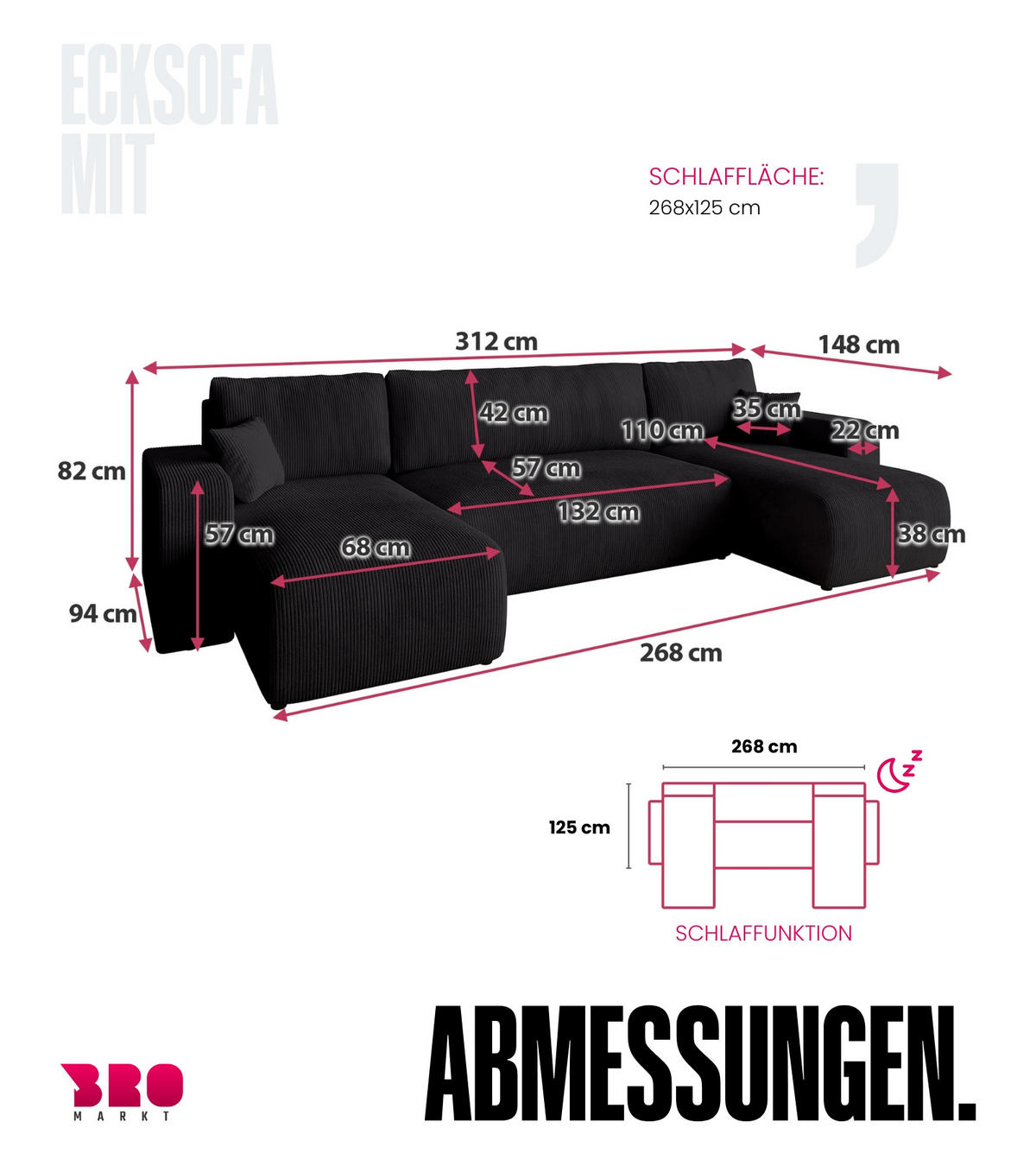 WOHNLANDSCHAFT PUMI mit Schlaffunktion Schwarz Cord - Schwarz, Textil (312/82/148cm) - Bromarkt