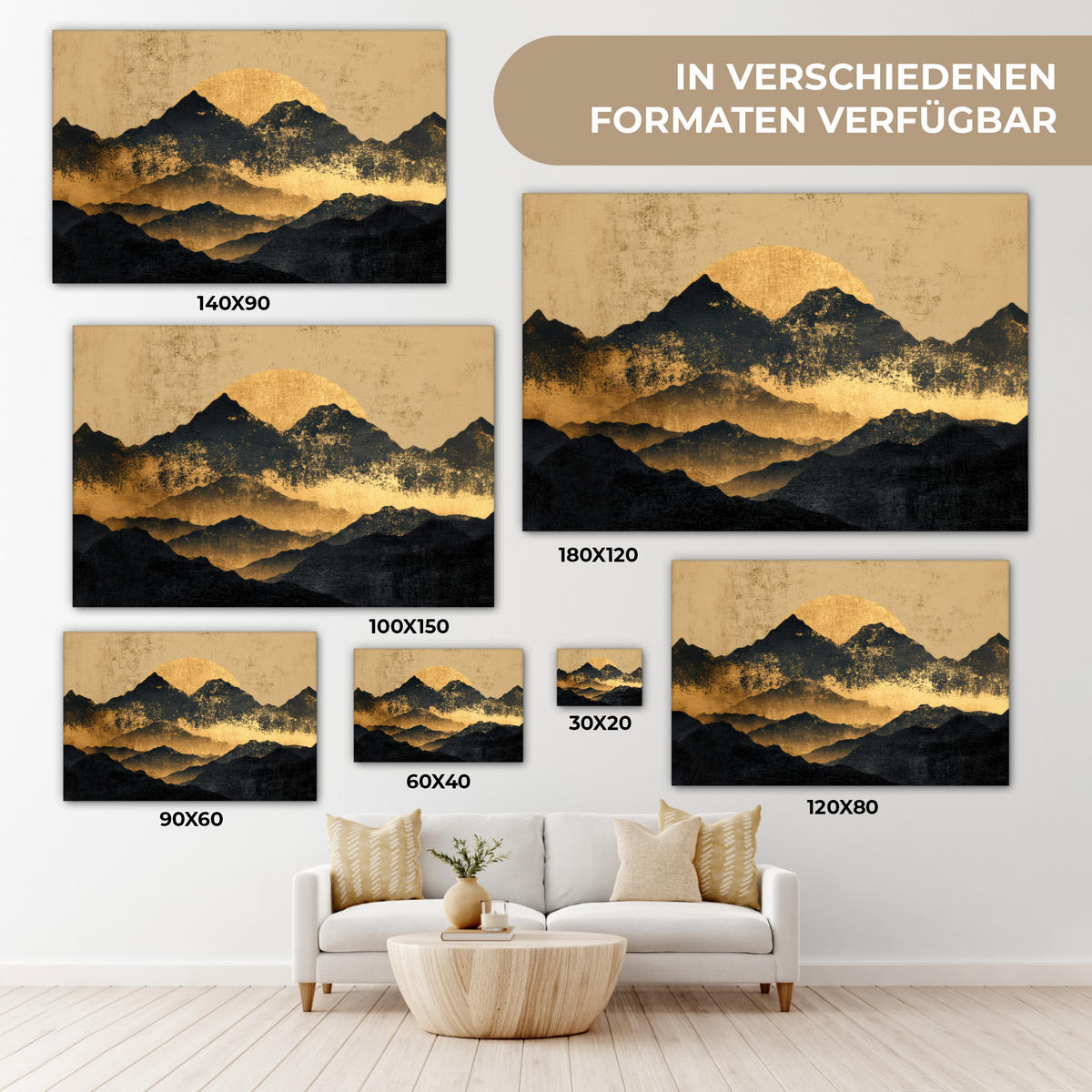 LEINWANDBILD Goldene Berge bei Mondschein Groß 140x90 cm - Goldfarben, Textil (140/90cm) - MuchoWow
