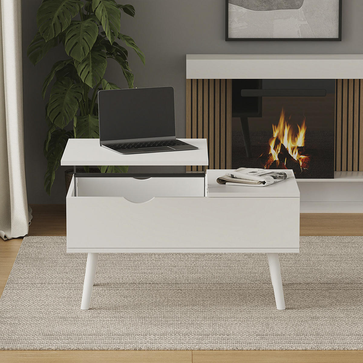 COUCHTISCH Stora Weiß 76 x 45 cm mit Liftfunktion - Weiß, Holzwerkstoff (45/76/40cm) - Vicco