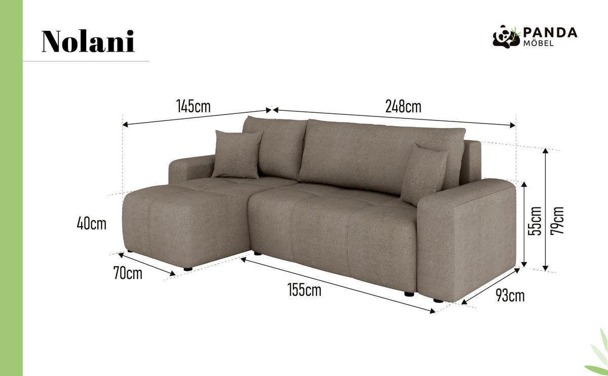 ECKSOFA Nolani mit Schlaffunktion & Bettkasten – Modern & Bequem - Cappuccino, Kunststoff (248/145cm) - Panda Möbel