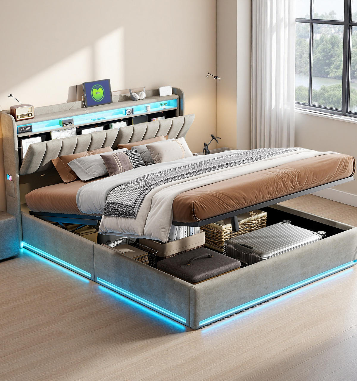 POLSTERBETT 160x200 cm Grau Samt LED Stauraum - Grau, Metall - SHOPENTRA