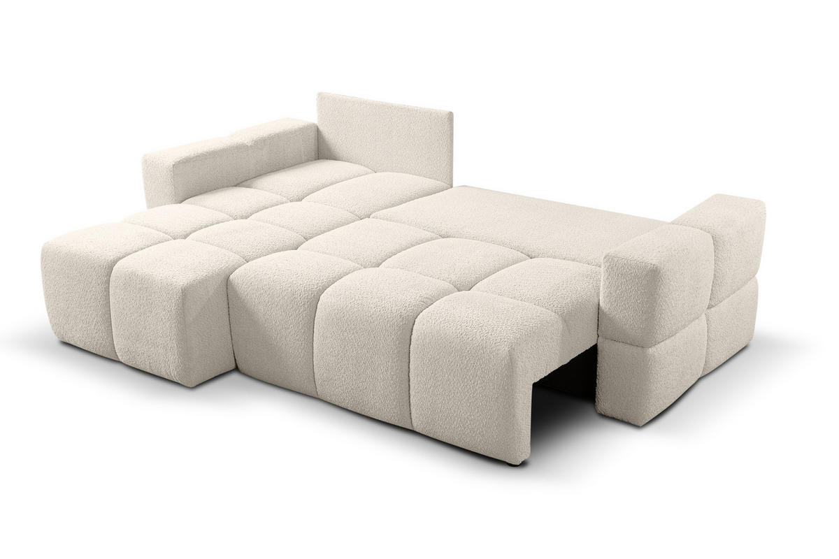 ECKSOFA LUSSO mit Schlaffunktion und Bettkasten, Farbe: Beige, Bouclé-Stoff, Ottomane Universal - Beige, Textil (255/165cm)