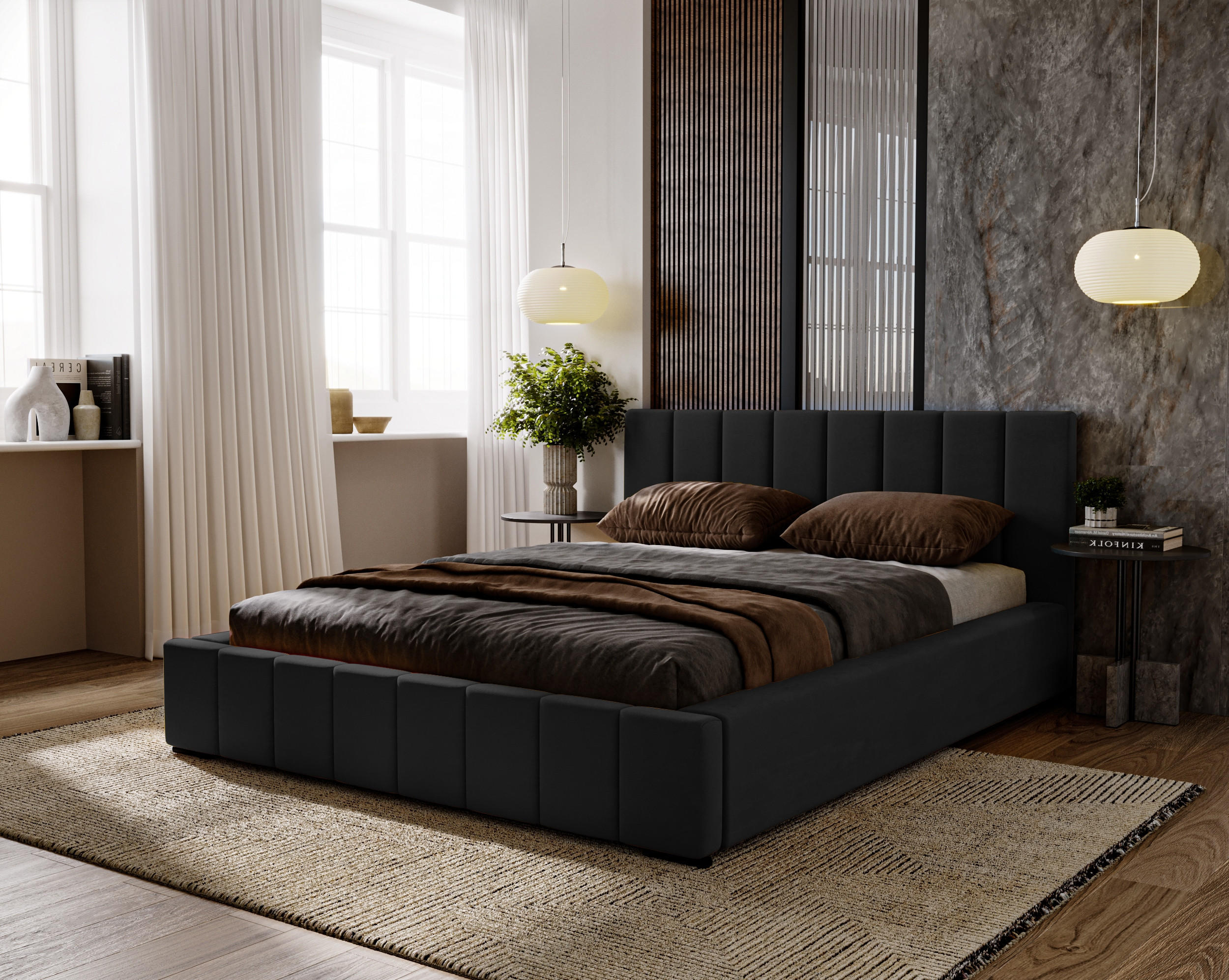 POLSTERBETT Nero 200x200 cm, Doppelbett mit Bettkasten und Lattenrost aus Holz, Velourstoff: Schwarz - Schwarz, Holz/Textil (200/200cm) - Marpur