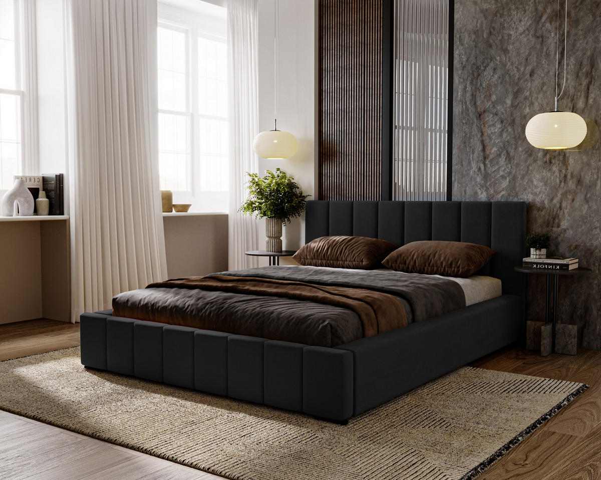 POLSTERBETT Nero 160x200 cm, Doppelbett mit Bettkasten, Lattenrost und Matratze, Velourstoff: Schwarz - Schwarz, Holz/Textil (160/200cm) - Marpur