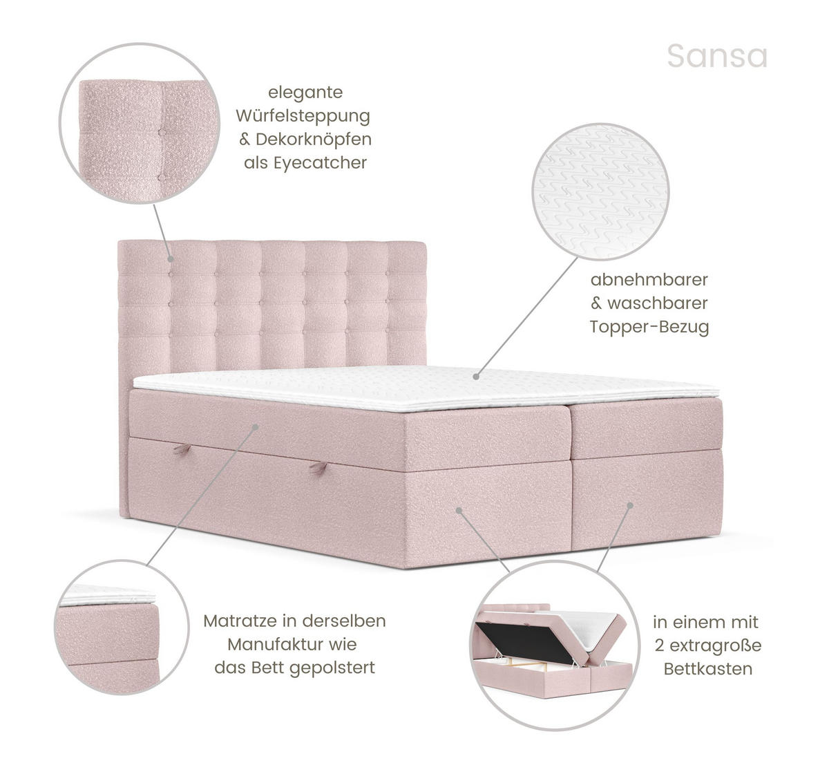 BOXBETT Sansa Hellrosa 200/200 cm mit Taschenmatratze und Topper - Hellrosa/Schwarz, Holz/Holzwerkstoff (200/200cm) - Maison de Reve