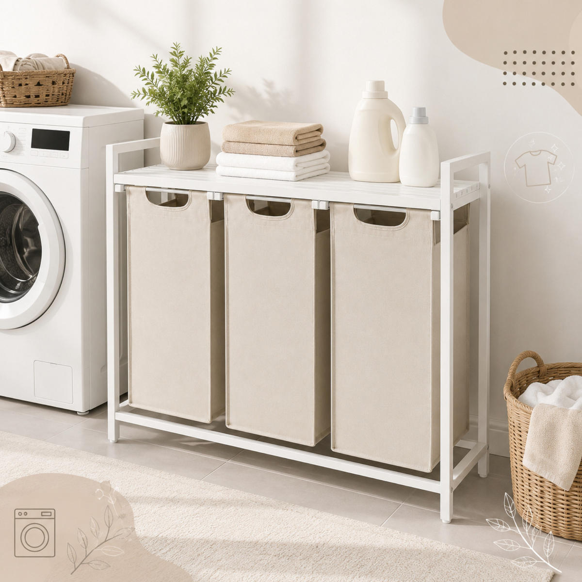 WÄSCHEKORB Metall Stoff MDF Weiß Beige 3 Wäschesäcke 114l 92,5x33x71 cm - Beige/Weiß, Metall (92.5/71/33cm) - Begryf