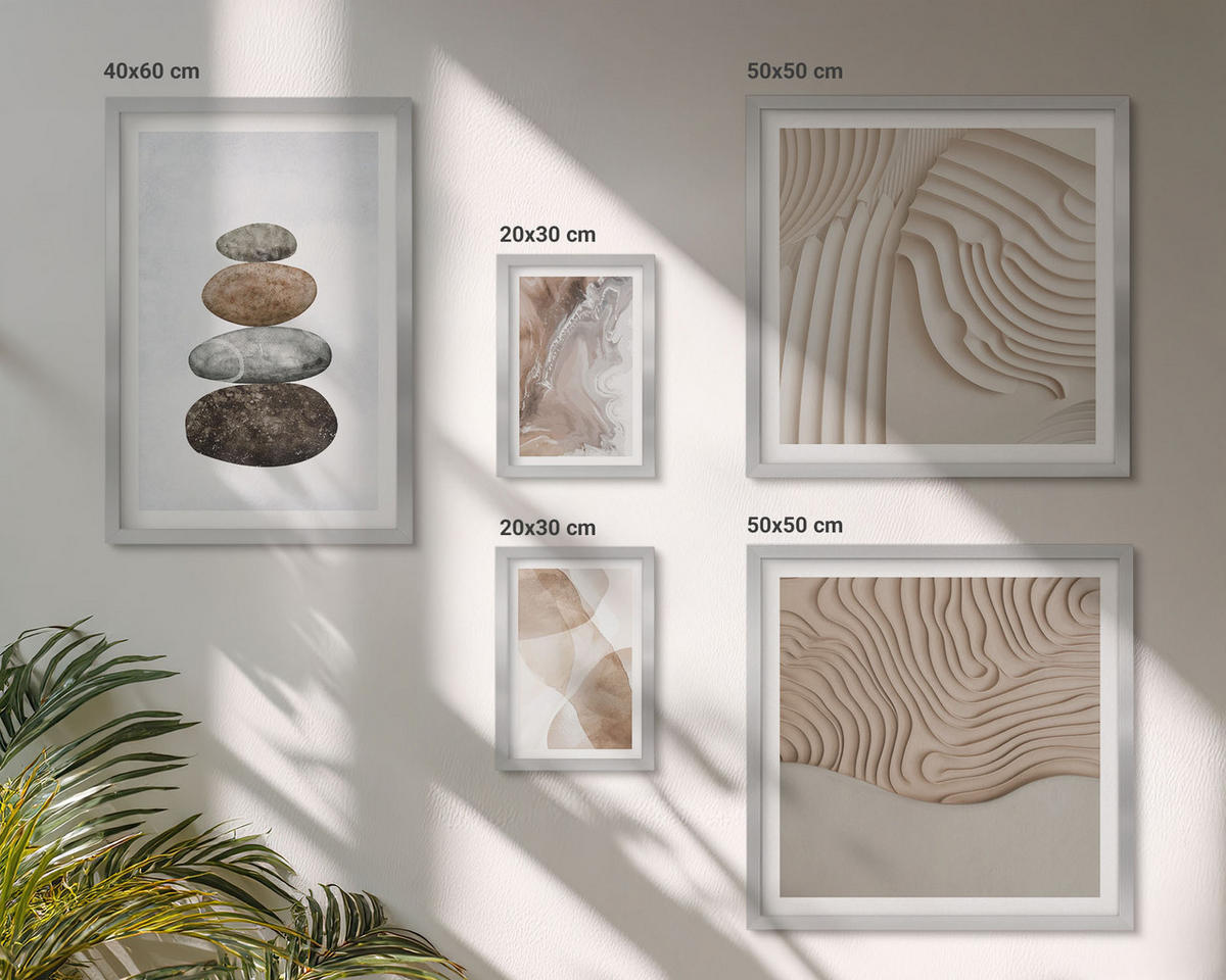 WANDBILDER 5er Set - 50x50 cm & 20x30 cm & 40x60 cm Silberner Rahmen - Abstrakte bemalte Strukturen - Silberfarben, Kunststoff (40/60cm) - ArtPrintCave