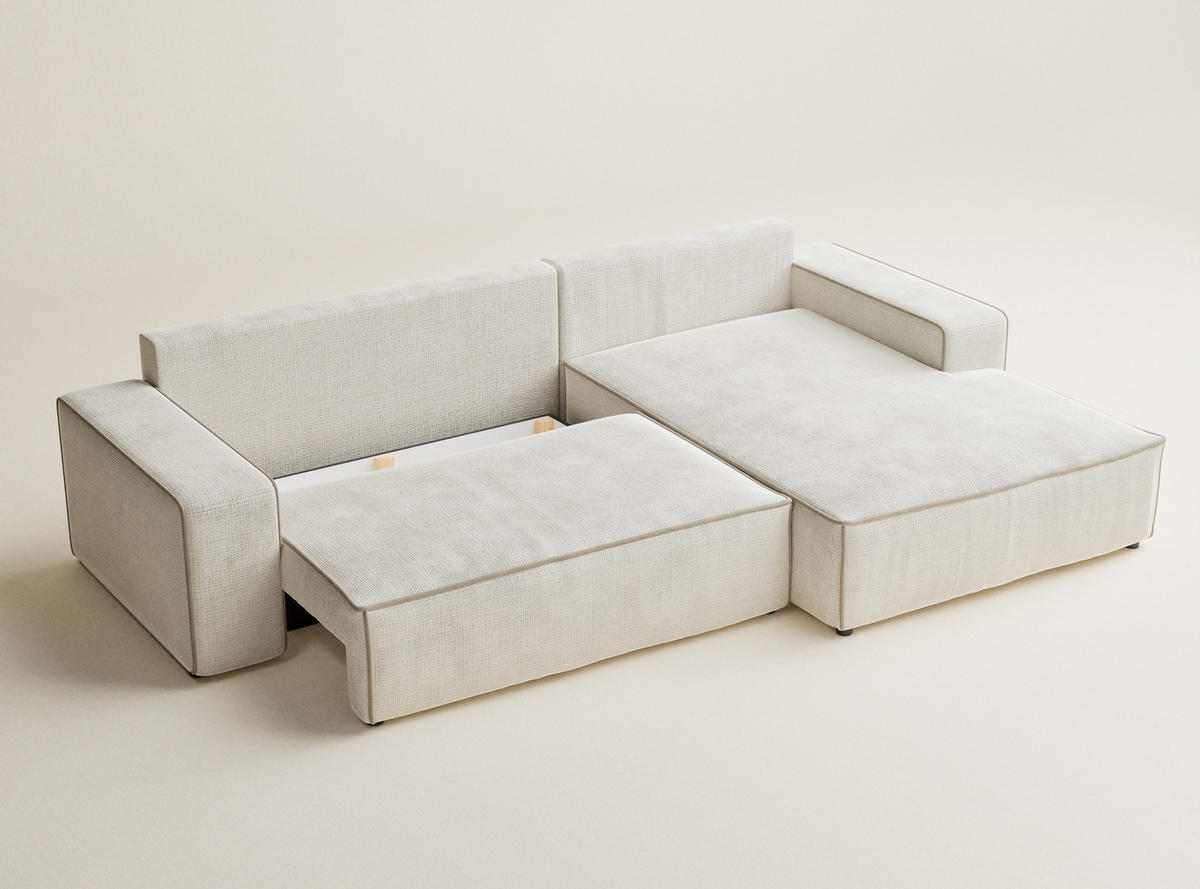 ECKSOFA MIT SCHLAFFUNKTION Modo Beige Chenille-Stoff - Rechts Seite - Ecru/Beige, Holz/Holzwerkstoff (294/185cm) - Maison de Reve