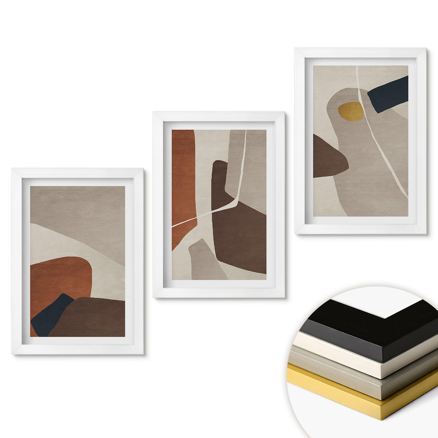 WANDBILDER 3er-Set - 20x30 cm Weißer Rahmen - Abstrakte Boho-Malerei - Weiß, Kunststoff (20/30cm) - ArtPrintCave
