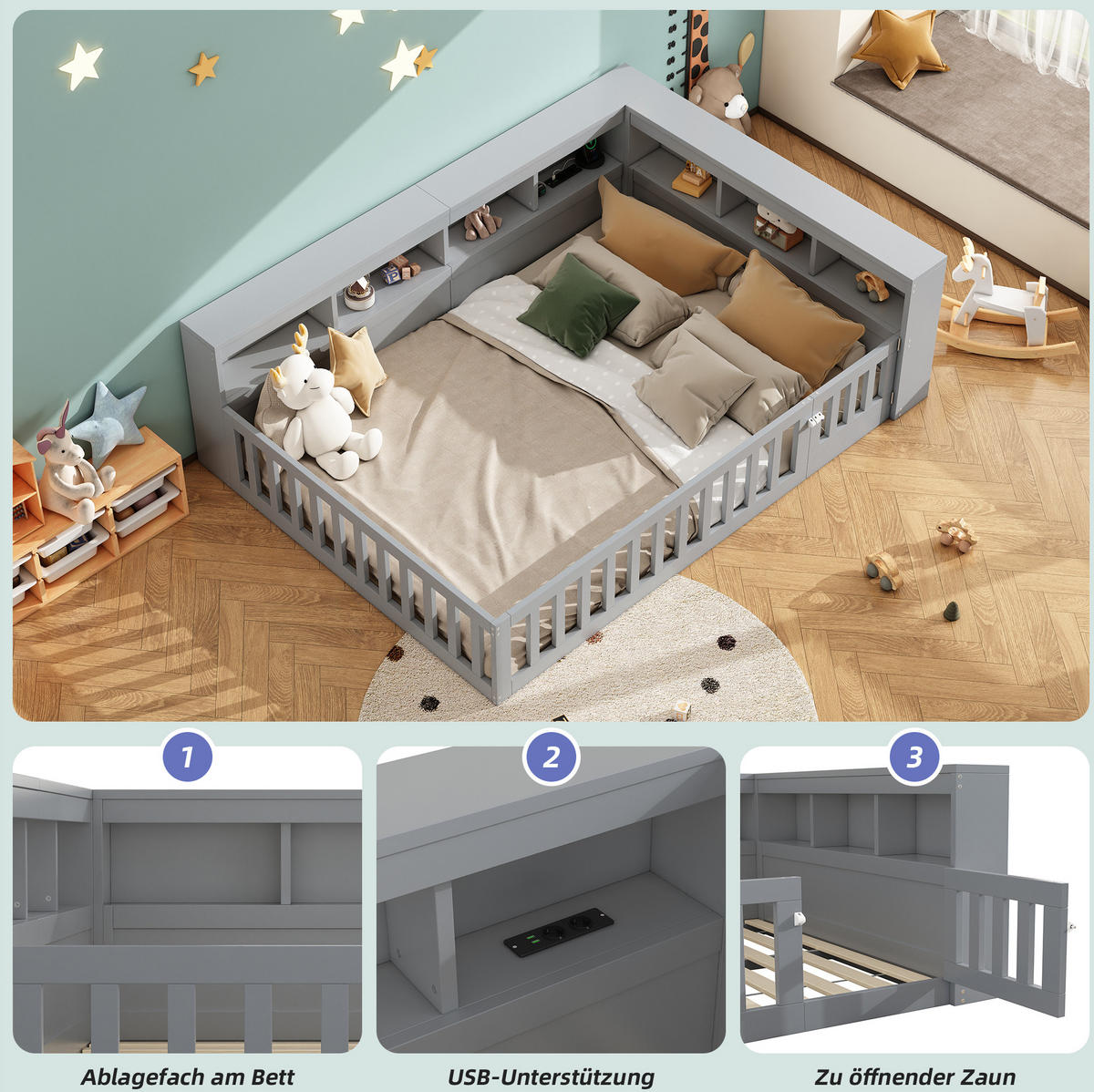 BETT 140/200 cm Grau mit Stauraum, Lattenrost und USB-Anschluss - Grau, Holzwerkstoff (140/200cm) - Flora Grace