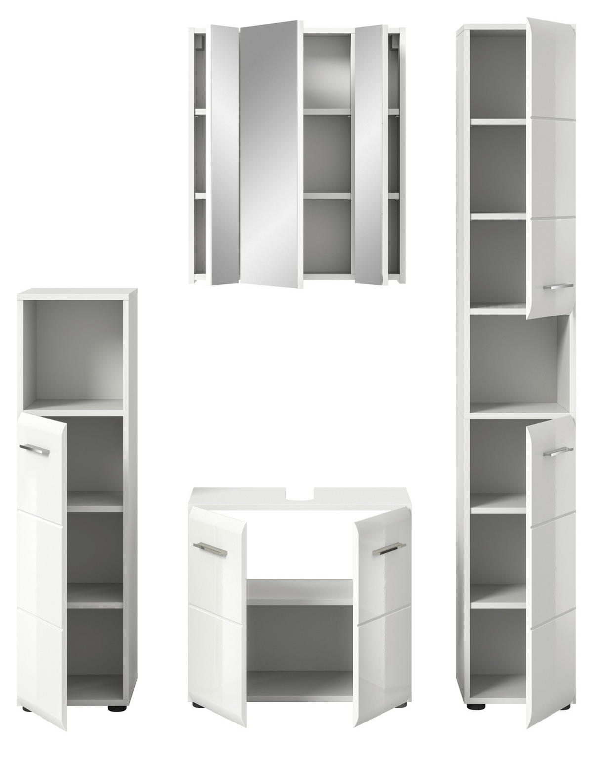 BADMÖBEL-SET weiß Hochglanz 4-teilig 150 cm, Komplettset mit viel Stauraum - Weiß Hochglanz/Silberfarben, Glas/Holzwerkstoff (150/185/30cm) - Inn.Furn