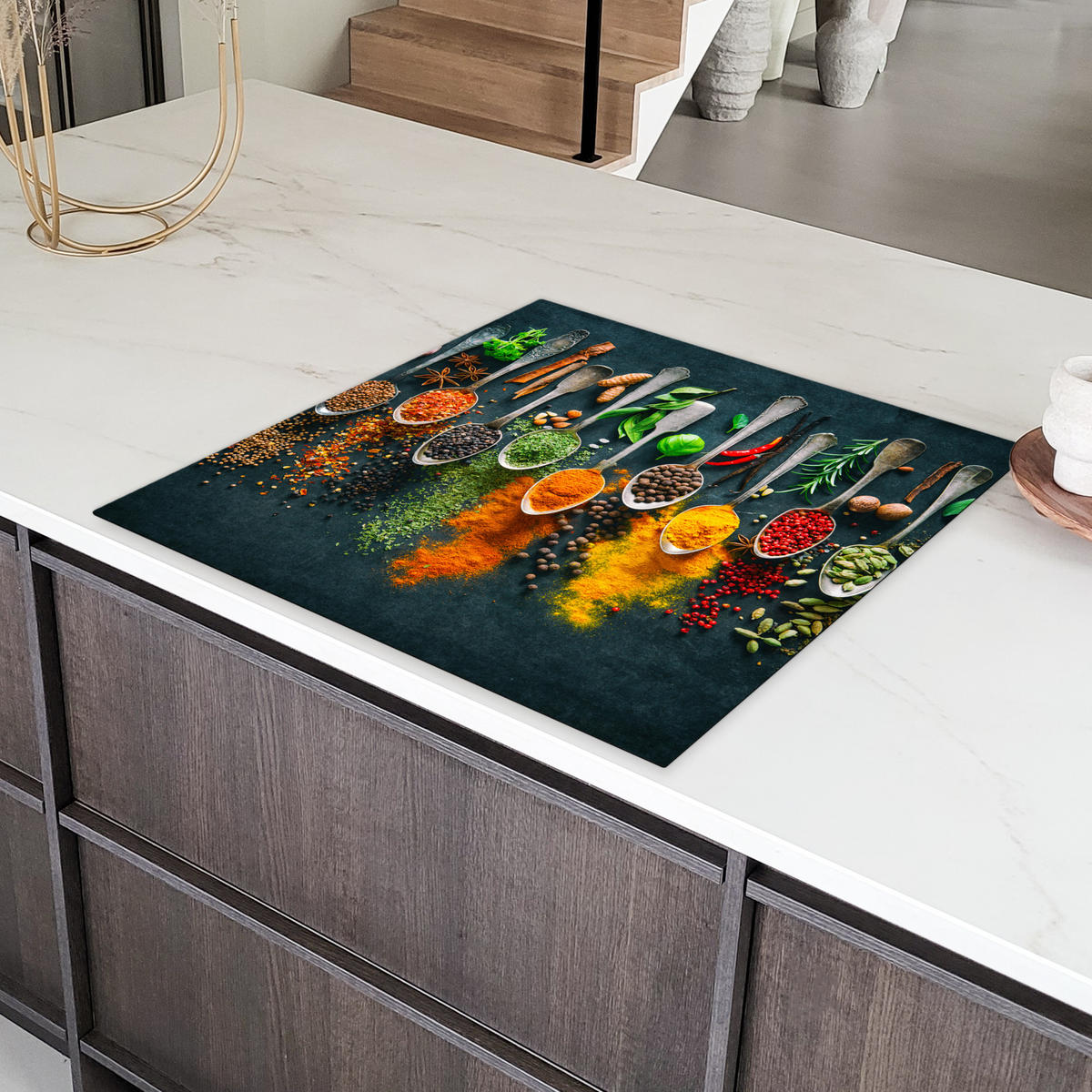 HERDABDECKPLATTE Kräuter - Gewürze - Löffel Induktionsmatte 78x78 cm - Multicolor, Kunststoff (78/78/0.2cm) - MuchoWow