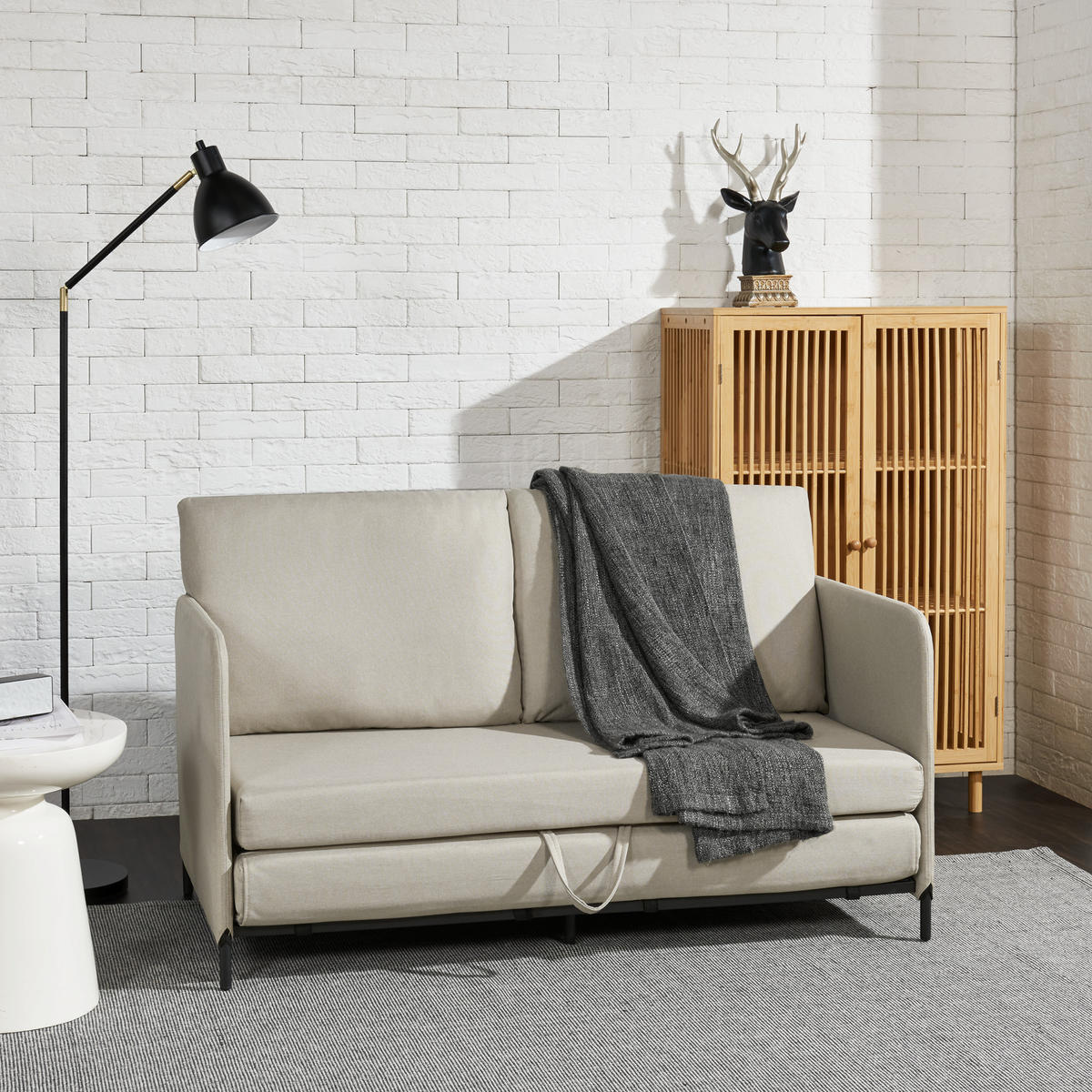 SCHLAFSOFA Soini - Beige, Textil/Metall (125/78/67cm) - [en.casa]