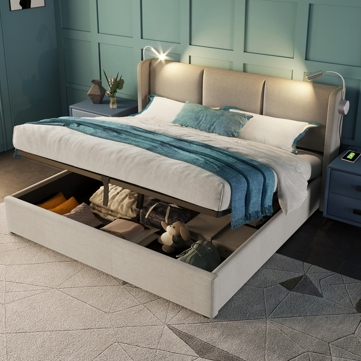 POLSTERBETT 160/200 cm Beige mit Bettkasten, Stauraumbett mit Hydraulik, Leselampen, Lattenrost und gepolstertem Kopfteil - Beige, Holz/Metall (160/200cm) - Joyfair