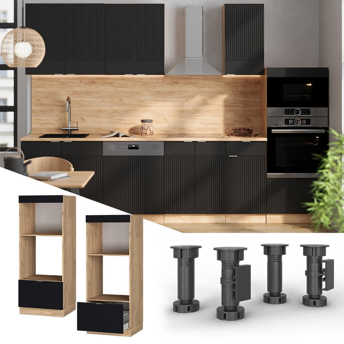 MIKROWELLENSCHRANK Fame-Line Schwarz gestreift 60 cm offen - Honigeiche/Schwarz, Holzwerkstoff (60/153.6/58.1cm) - Vicco