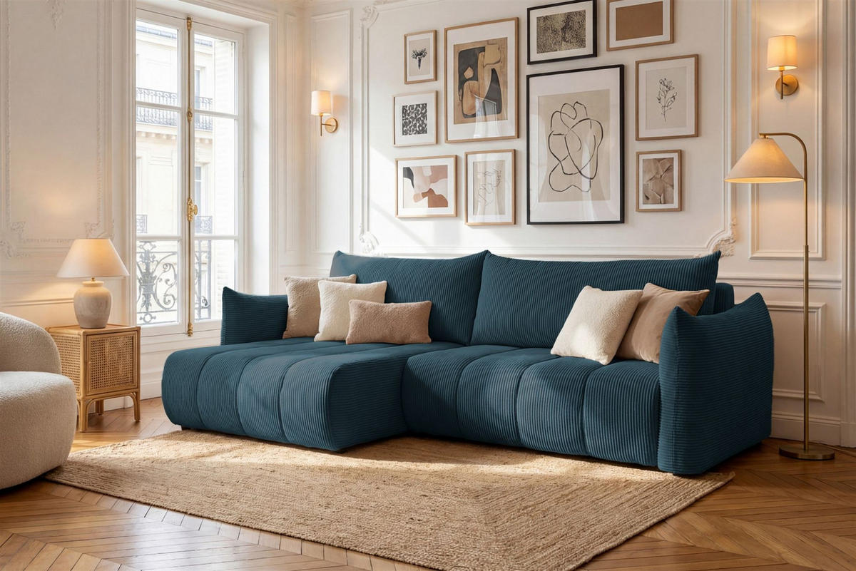 ECKSOFA Ontario Mit Schlaffunktion - Dunkelblau, Holzwerkstoff/Textil (154/260cm) - Fun Möbel