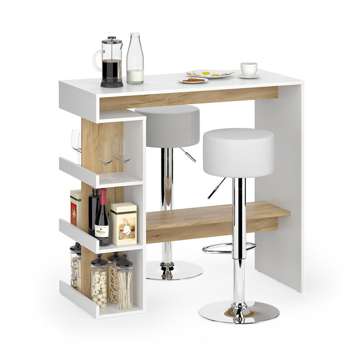 BARTISCH-SET Dana Weiß/Goldkraft Eiche 108 x 50 cm mit 2 Barhockern - Weiß, Holzwerkstoff (50/108/103cm) - Vicco