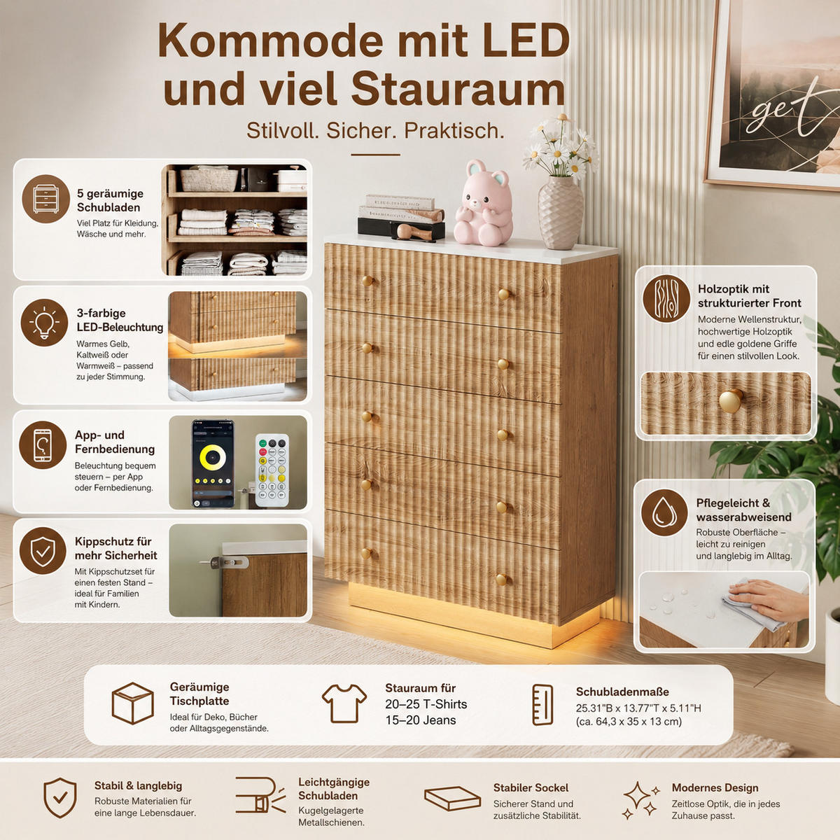 KOMMODE mit 5 Schubladen & Sockel‑LED, Eiche‑Weiß, 40/73/111cm - Eichefarben, Holz (73/111/40cm) - Joyfair