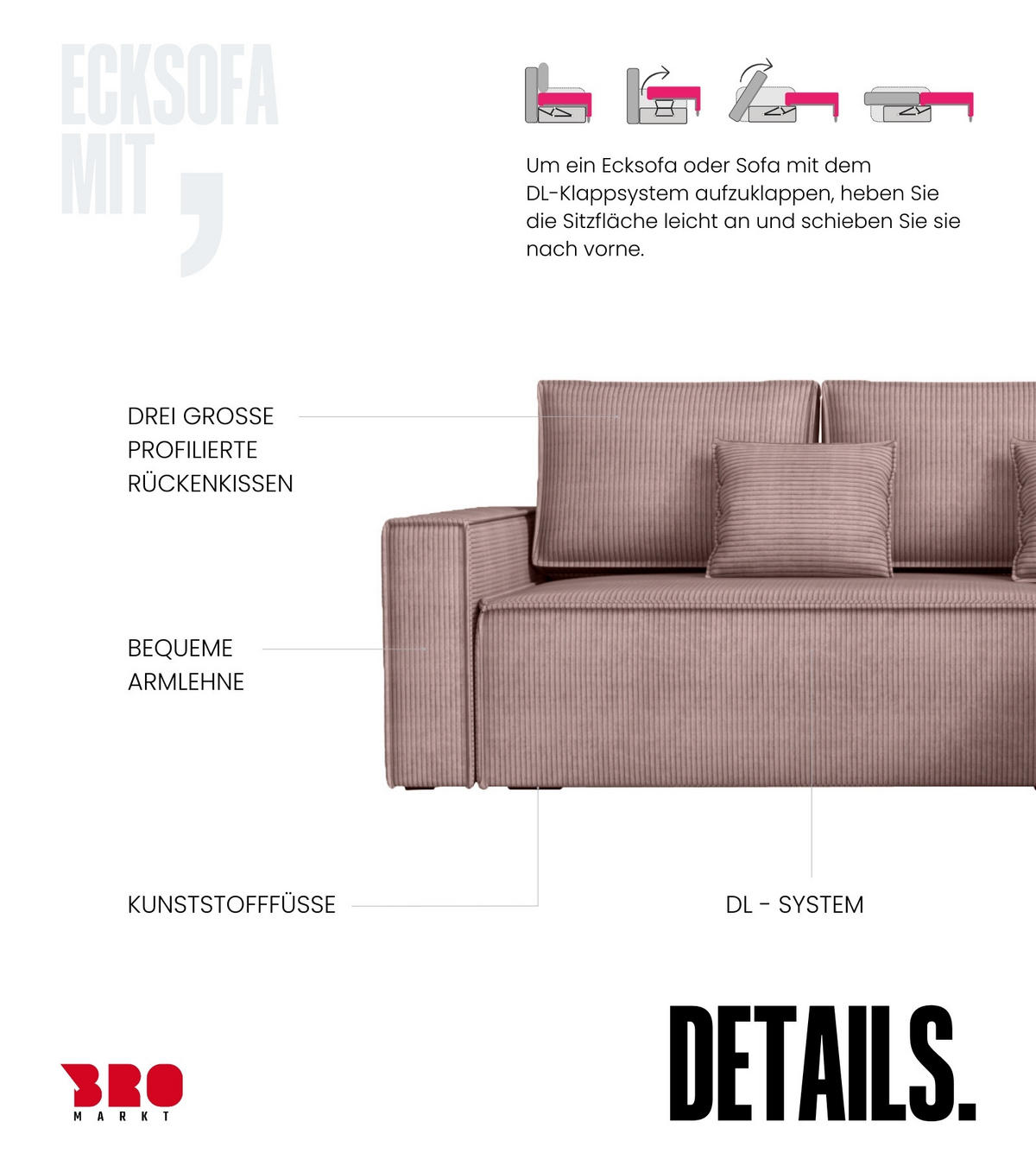 ECKSOFA Dexter mit Schlaffunktion Puderrosa Cord - Rosa, Textil (238/141cm) - Bromarkt