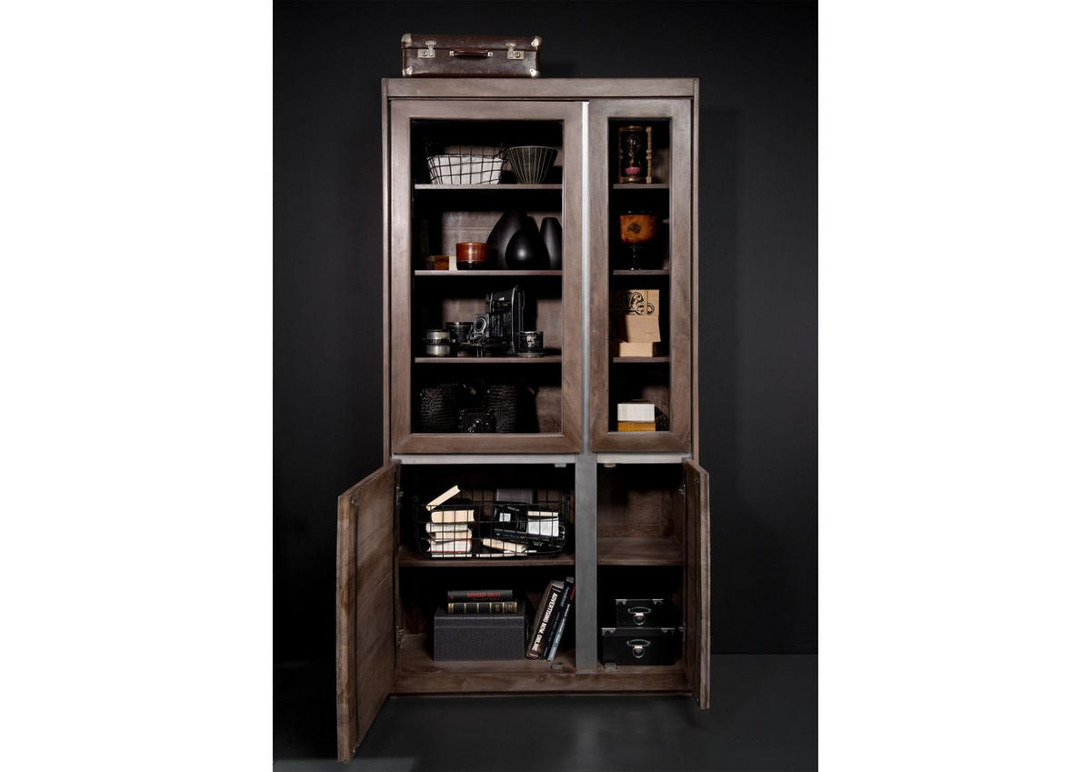 VITRINE Sheesham 102x40x205 smoked oak lackiert SYDNEY #201 - Grau, Holz (102/205/40cm) - Massivmoebel24