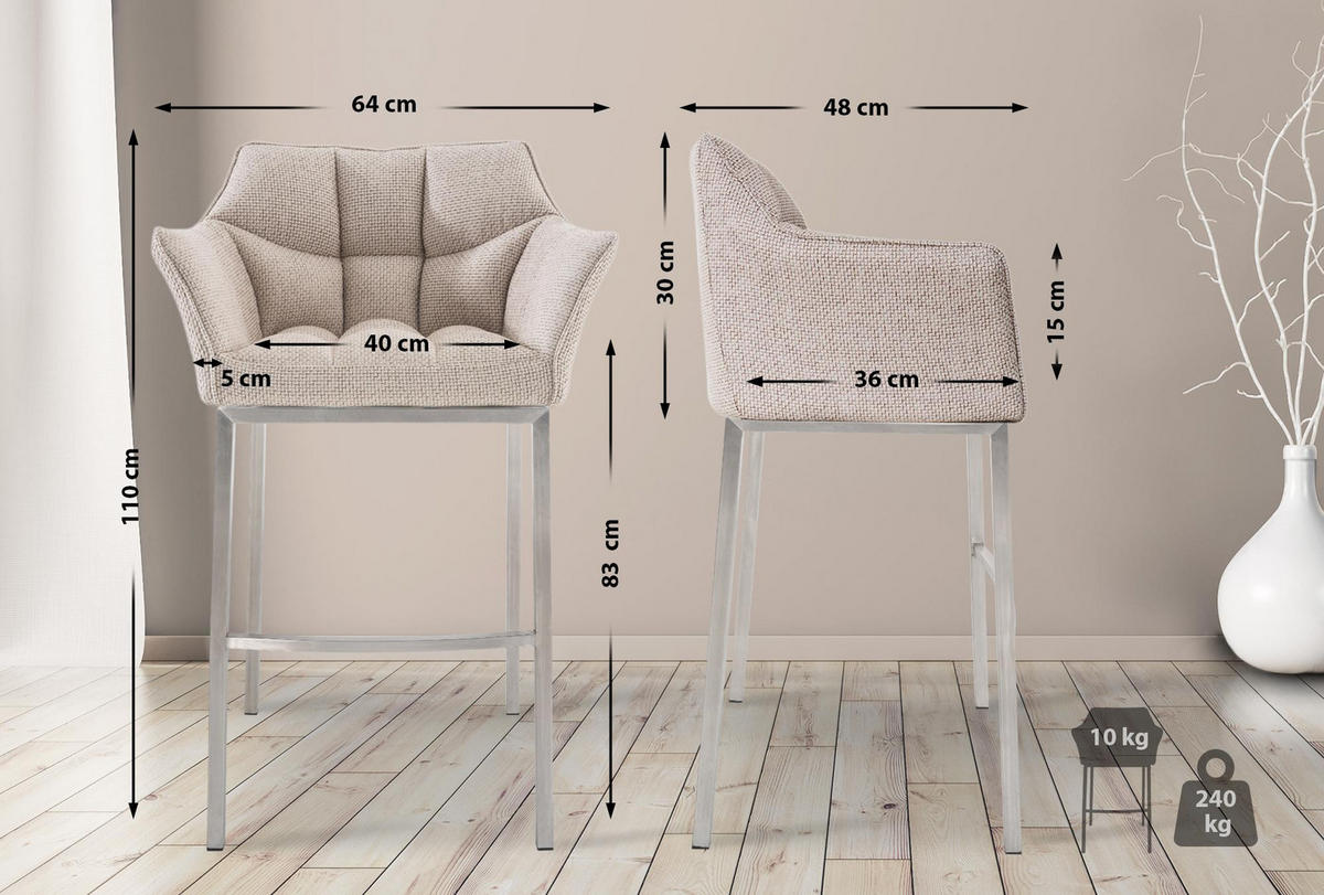 BARHOCKER 2er Set Stoff Elfenbein - Edelstahlfarben/Creme, Textil/Metall (64/110/48cm) - CLP