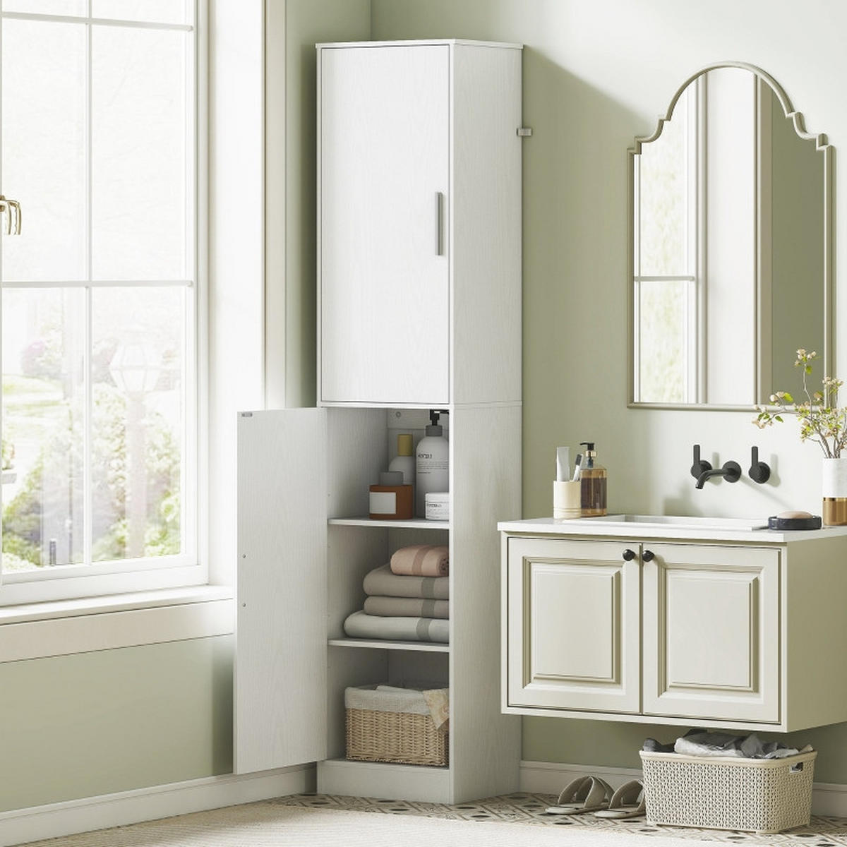 BADEZIMMERSCHRANK hoch Badschrank Hochschrank schmal mit 2 Türen, Verstellbare Regale für Badezimmer, Wohnzimmer 40 x 35 x 180 cm Weiß - Weiß, Holz (35/180/40cm) - Ej. Life