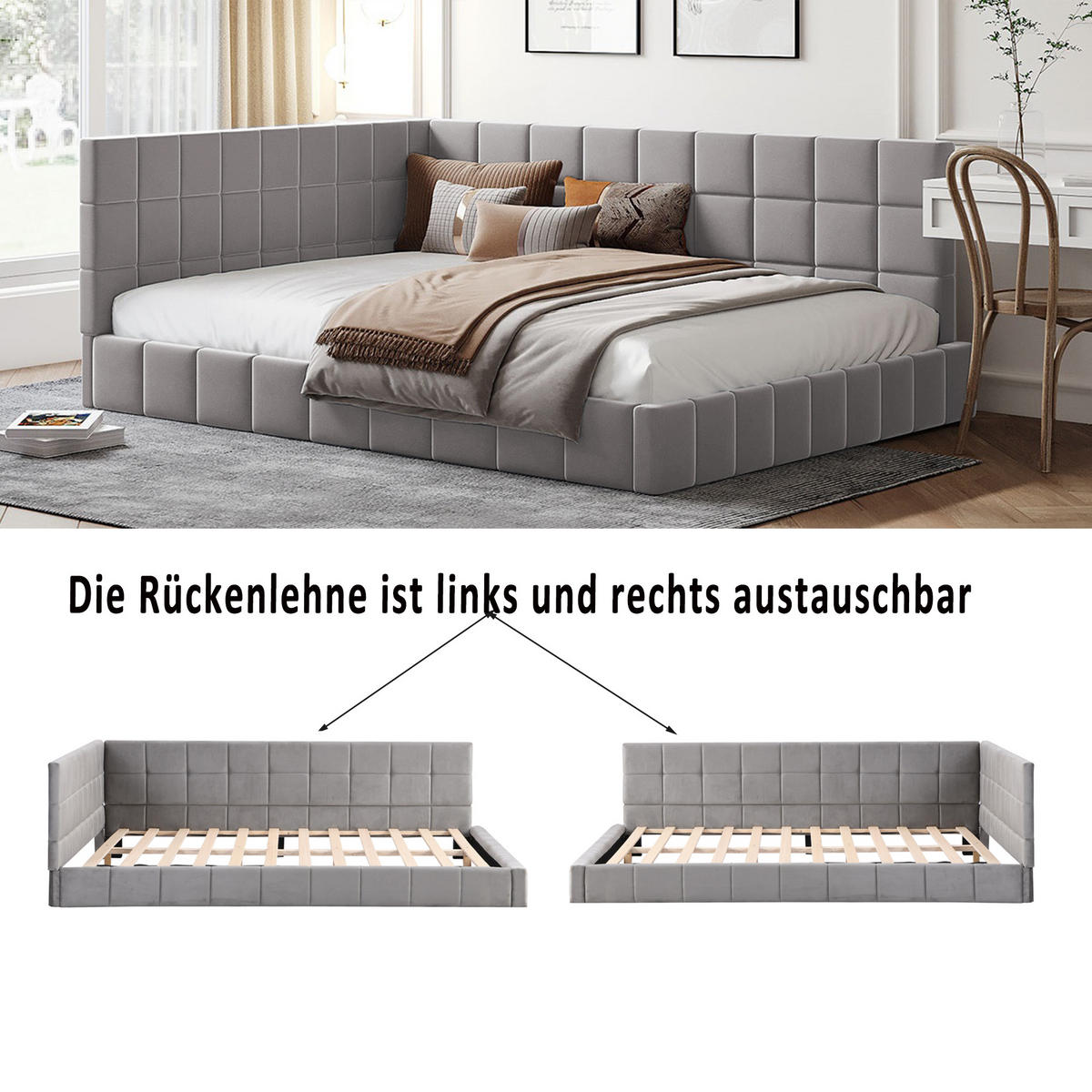 TAGESBETT mit Lattenrost 140x200 cm Samt Grau - Grau, Holz (140/200cm) - Meubliv