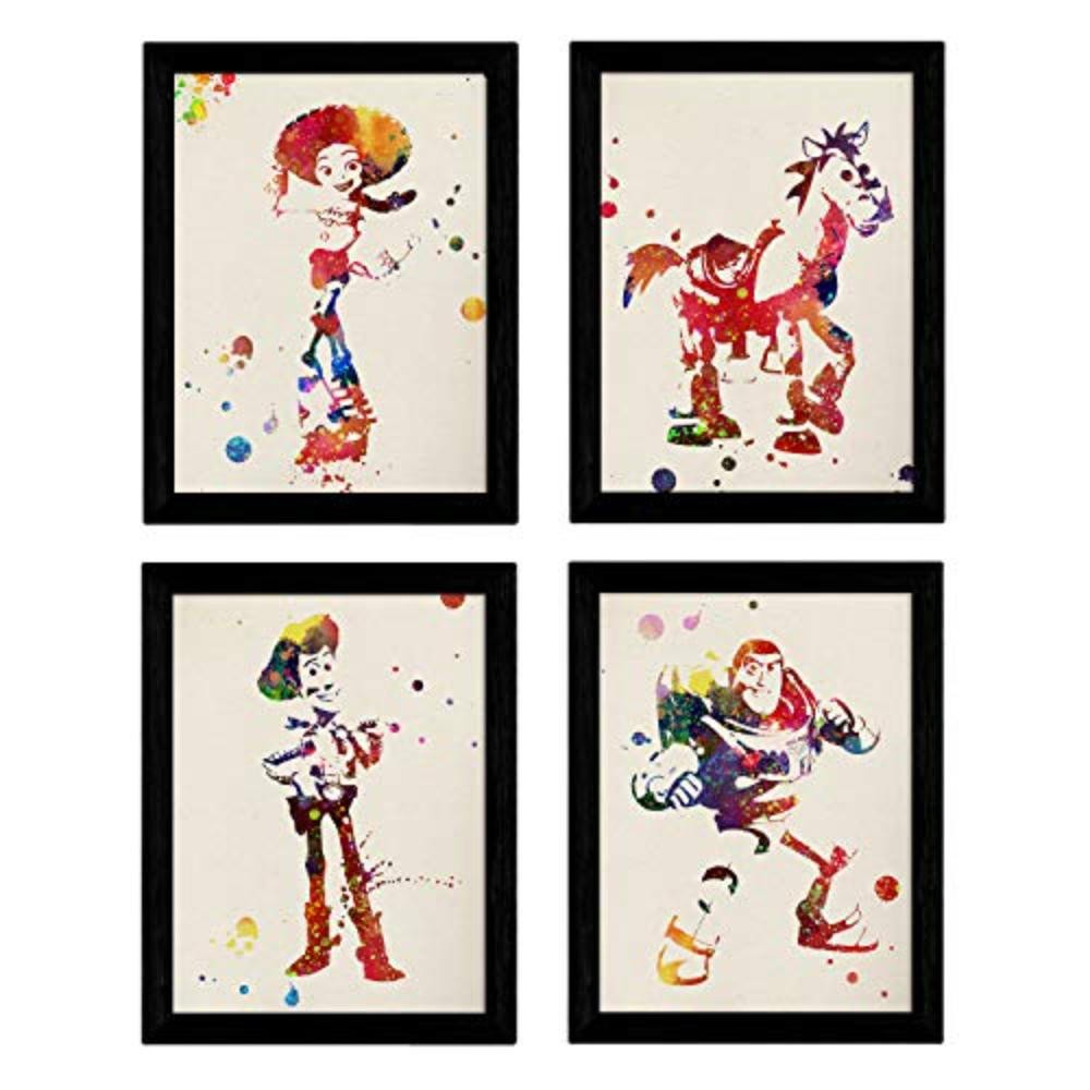 POSTER Set mit 4 Filmspielzeuggeschichte, Buzz, Woody, Jessie und das Pferd A3 Schwarzer Rahmen - Schwarz, Papier (29.7/3cm) - Nacnic