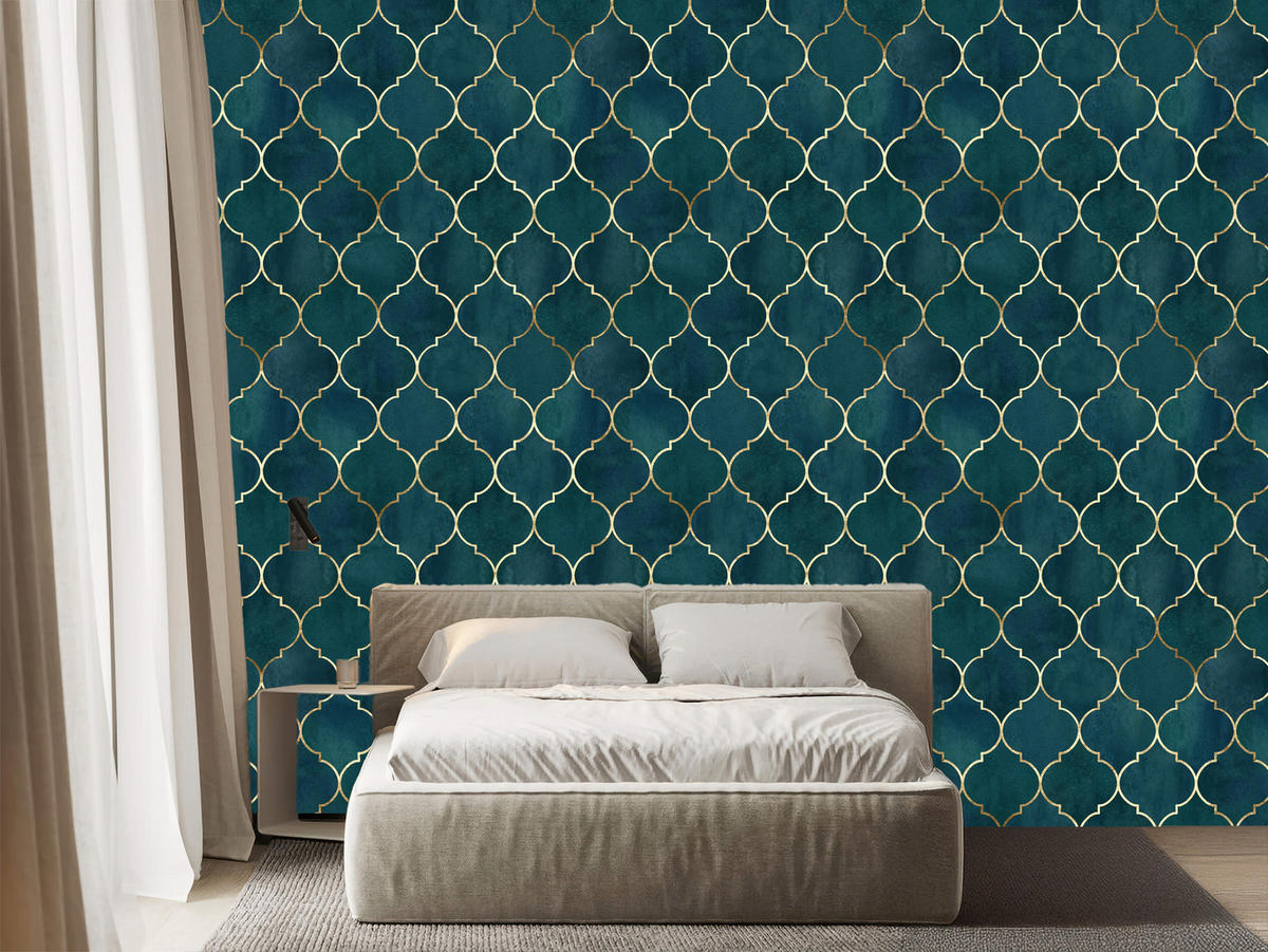 VLIESTAPETE Marokkanische Ornamente – Petrol, Goldfarben – 50x1000 cm - Goldfarben/Petrol, Papier (50/1000cm) - Muralo