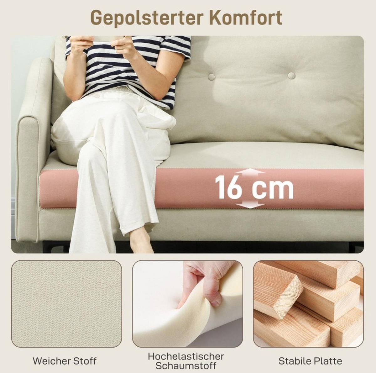 2-SITZER 124/73/92 cm Cremeweiß aus Metall mit Schaumstoff-Polsterung - Creme, Metall (73/92/124cm) - OKMYHOME