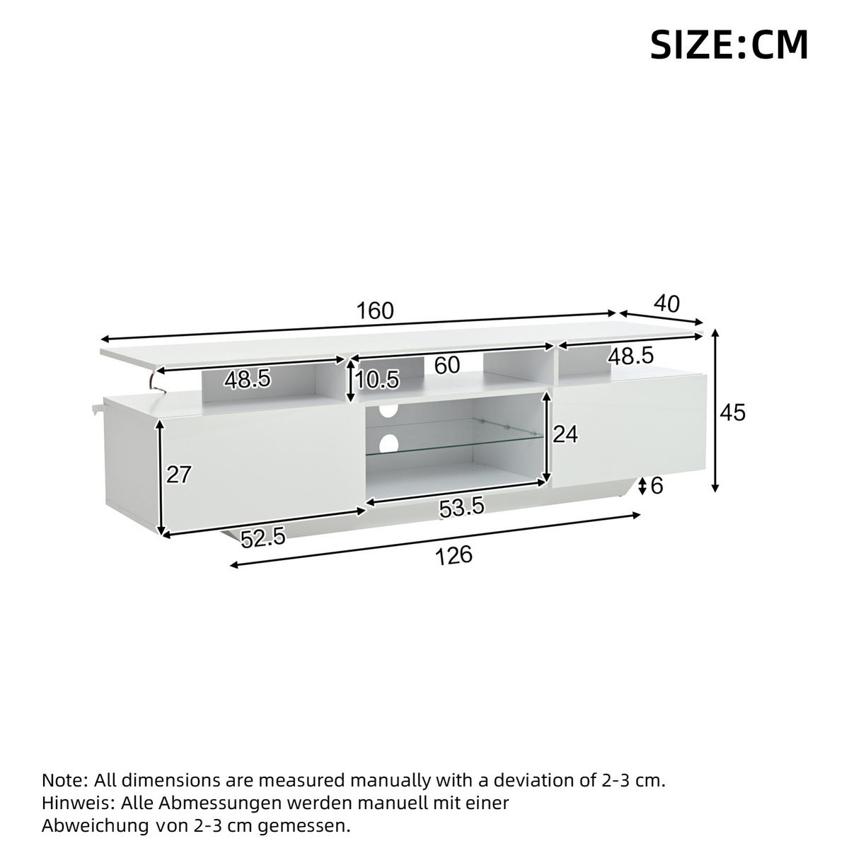 LOWBOARD 160/40/45 cm aus MDF mit LED-Beleuchtung und Hochglanzfront Weiß - Weiß, Holzwerkstoff (160/45/40cm) - Modenvie