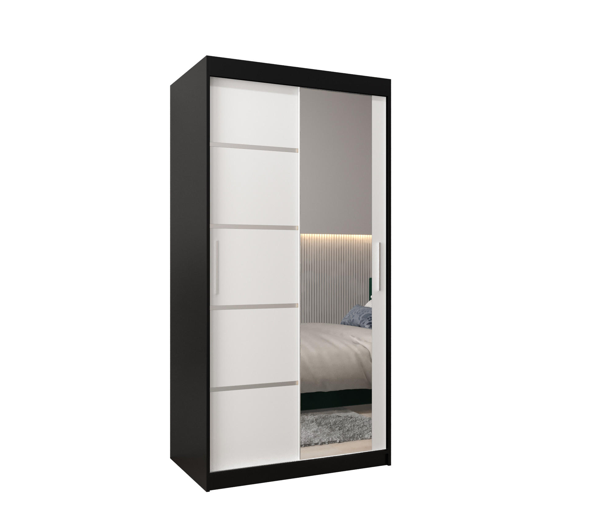 Abiks Möbel Schwebetürenschrank Schwarz, Weiß, Silber 100x200x62 cm