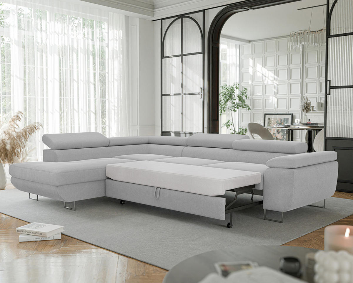 ECKSOFA ANTON mit Schlaffunktion und Bettkasten Hellgrau - Hellgrau, Holzwerkstoff/Kunststoff (274/203cm) - Idohome