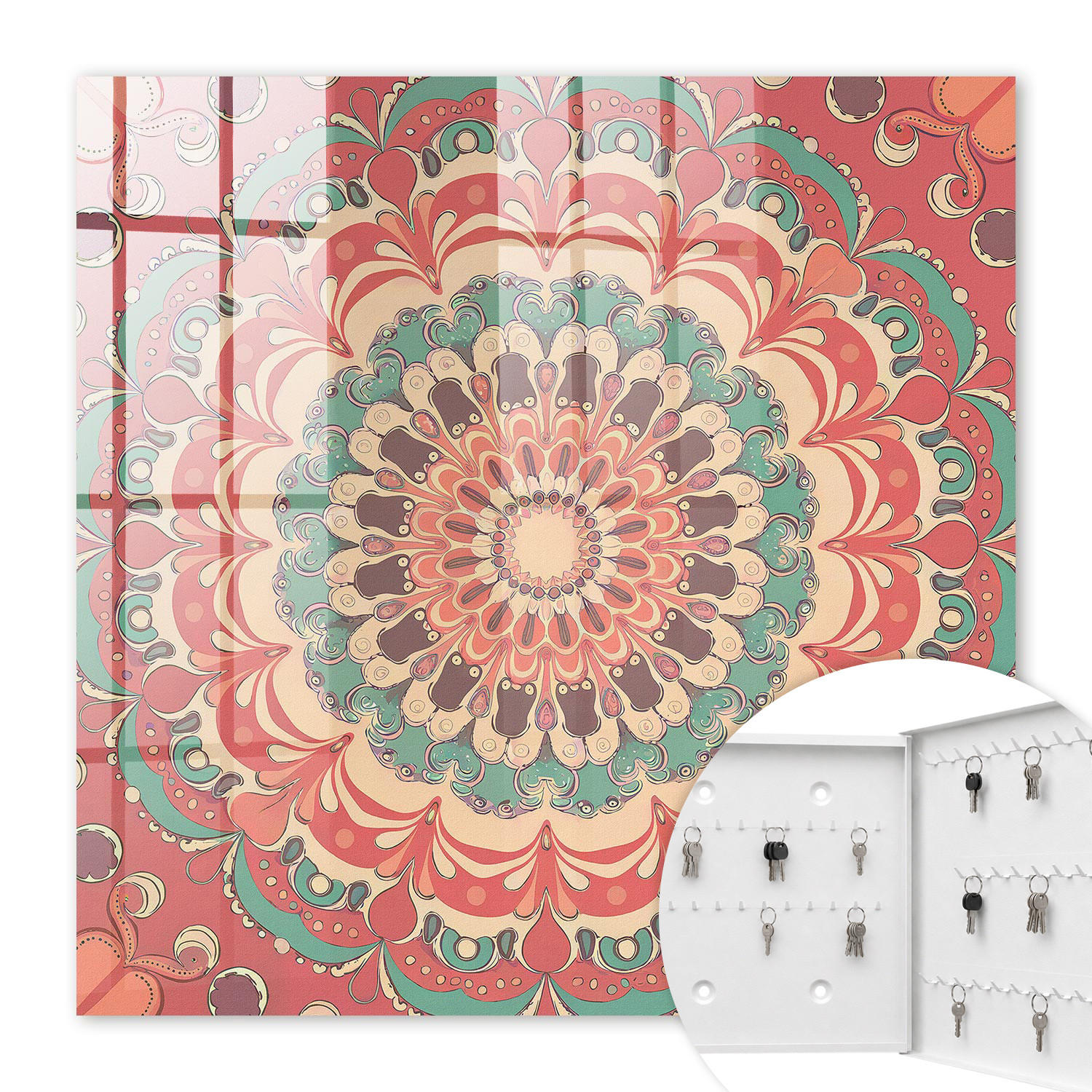 SCHLÜSSELBOX Weiß 30x30 cm – Türöffnung nach rechts - Buntes Mandala - Orange, Metall (30/30/5cm) - TULUP