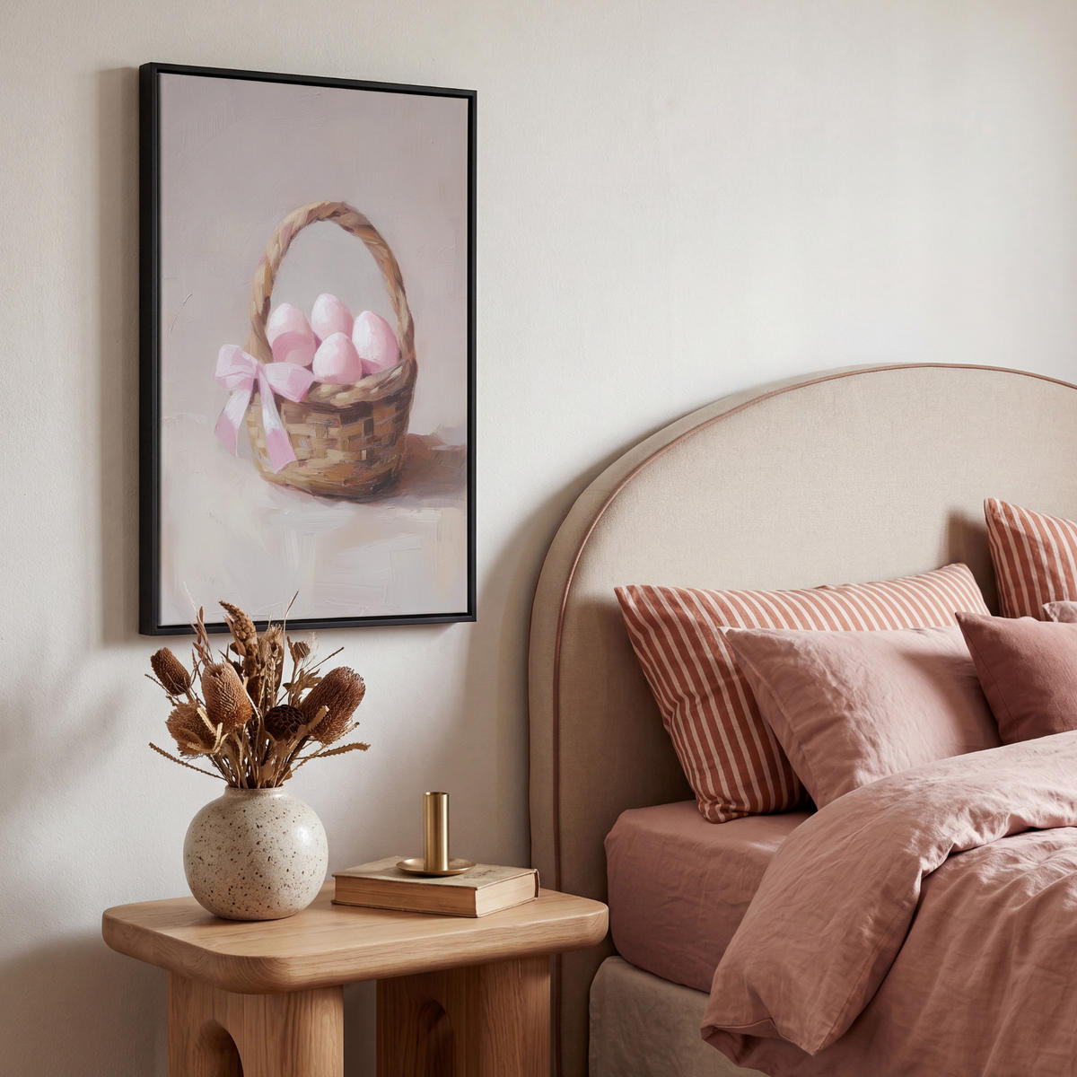 LEINWAND Bilder mit Rahmen - Korb - Eier - Rosa - 40x60 - Beige, Textil (40/60cm) - MuchoWow