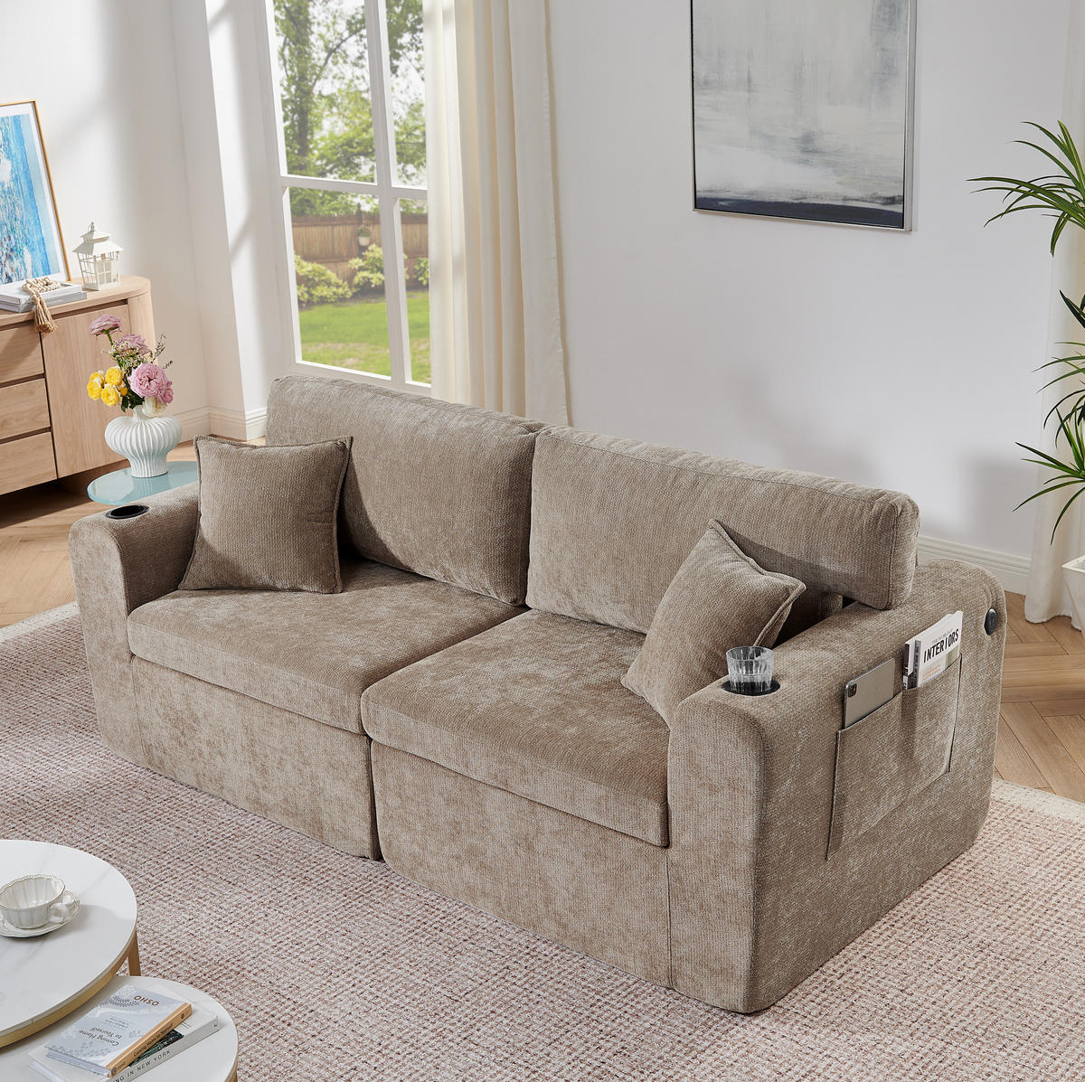 SOFA 2-Sitzer mit Getränkehalter Chenille Brown - Braun, Kunststoff (220/89/100cm) - Meubliv