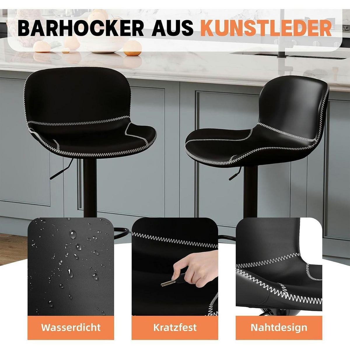 BARHOCKER 2er-Set Kunstleder Schwarz Höhenverstellbar Drehbar - Schwarz, Kunststoff (45/100/38cm)