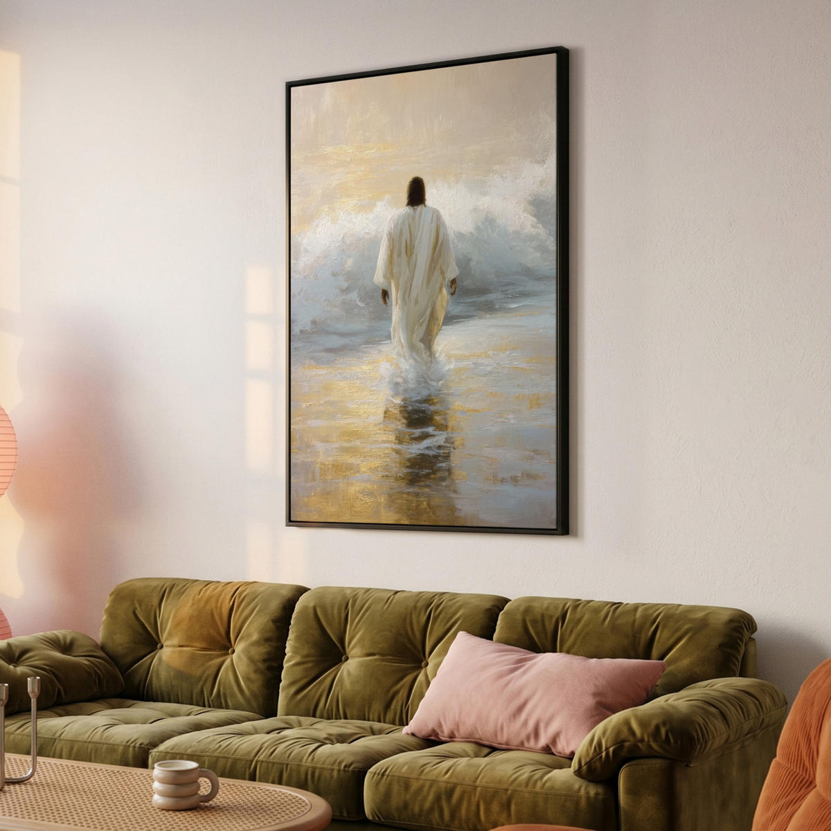 LEINWAND Bilder mit Rahmen - Gemälde - Welle - Jesus - Abstrakt - 90x140 - Goldfarben, Textil (90/140cm) - MuchoWow