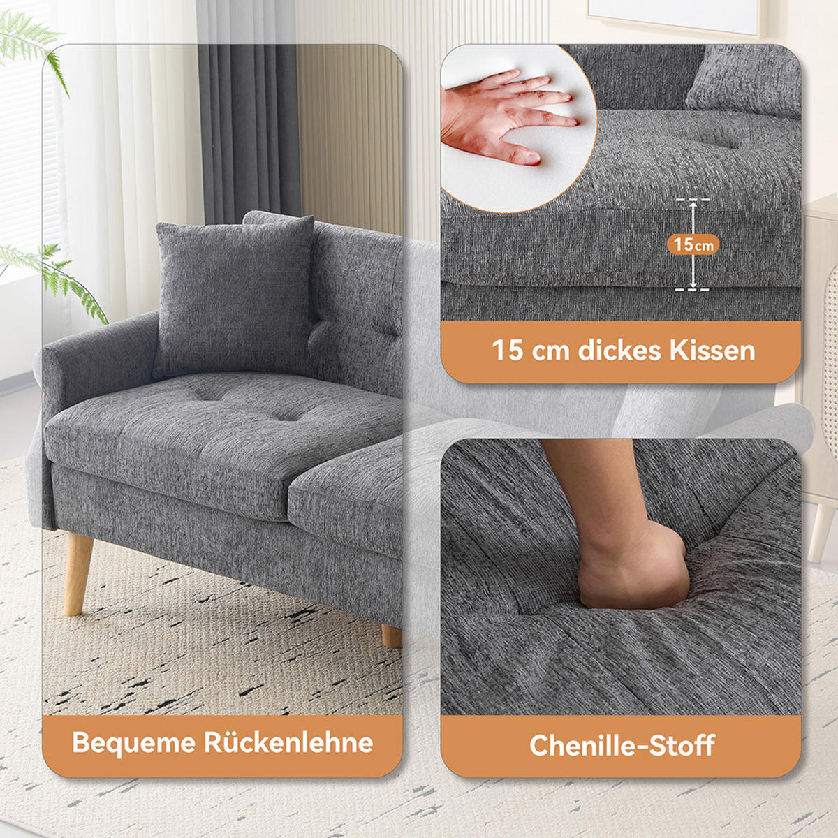 DOPPELSOFA in Grau Chenille-Stoff mit dicken Kissen - Grau, Holz/Textil (74/77/162cm) - KOMHTOM