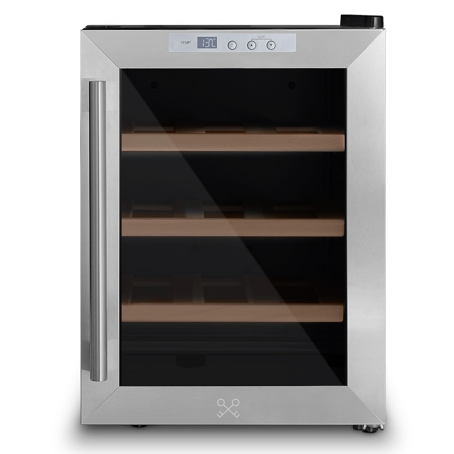 WEINKÜHLSCHRANK CAVS12 Schwarz und Silber, 12 Flaschen, 11°C bis 18°C, Digitales Bedienfeld, Leise, 3 Holzböden - Schwarz, Metall (26.2/36/30.5cm) - Les Petits Champs