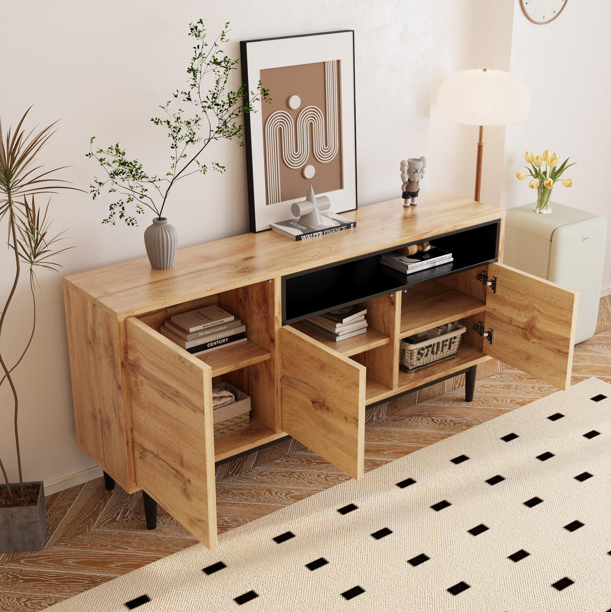 SIDEBOARD 160/35/76 cm Schwarz/Holzfarben aus MDF mit 3 Türen und verstellbaren Regalen - Naturfarben, Holzwerkstoff (35/76/160cm) - OKMYHOME
