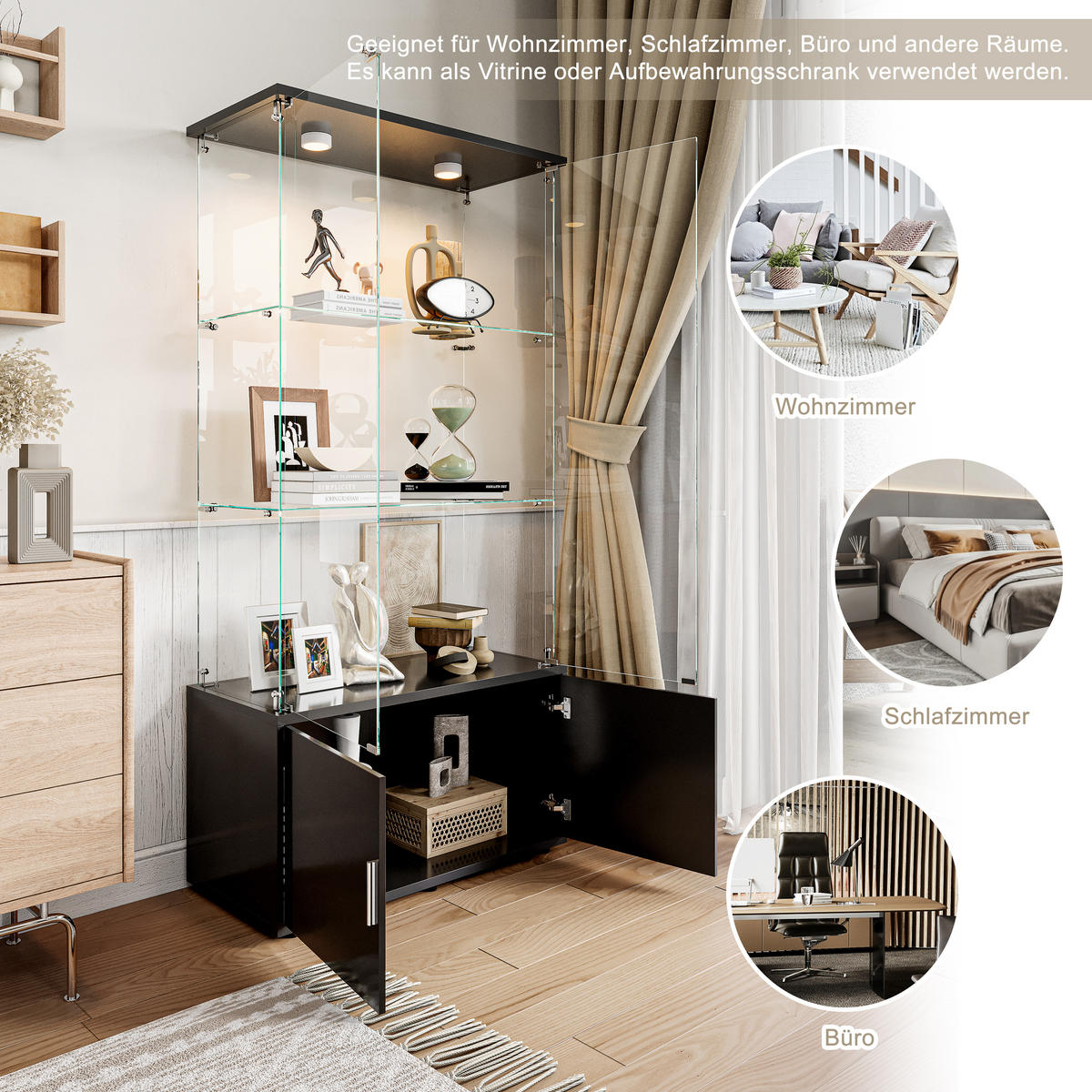 GLASVITRINE 4 Türen 6 Einlegeböden LED Touch schwarz - Schwarz, Holz (78.5/164/35cm) - Fortuna Lai