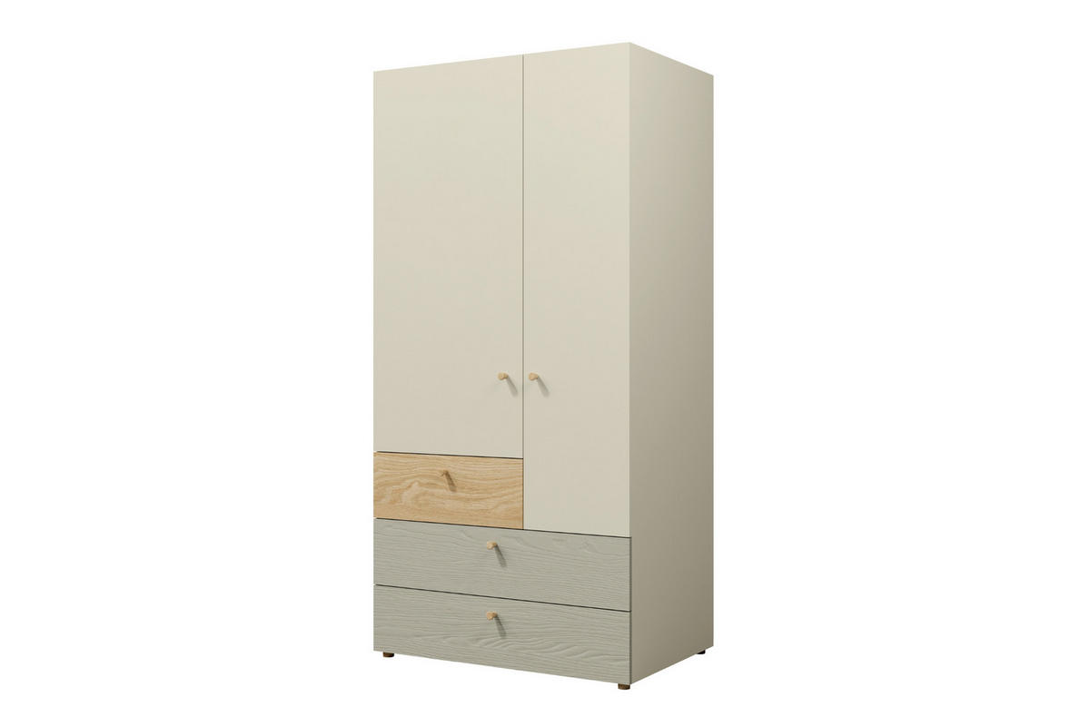 KINDERKLEIDERSCHRANK YOGI 02 90/185 cm in Graubeige / Geölte Eiche / Eukalyptus - Greige/Eichefarben, Holzwerkstoff (90/185/60cm) - Deine Möbel 24